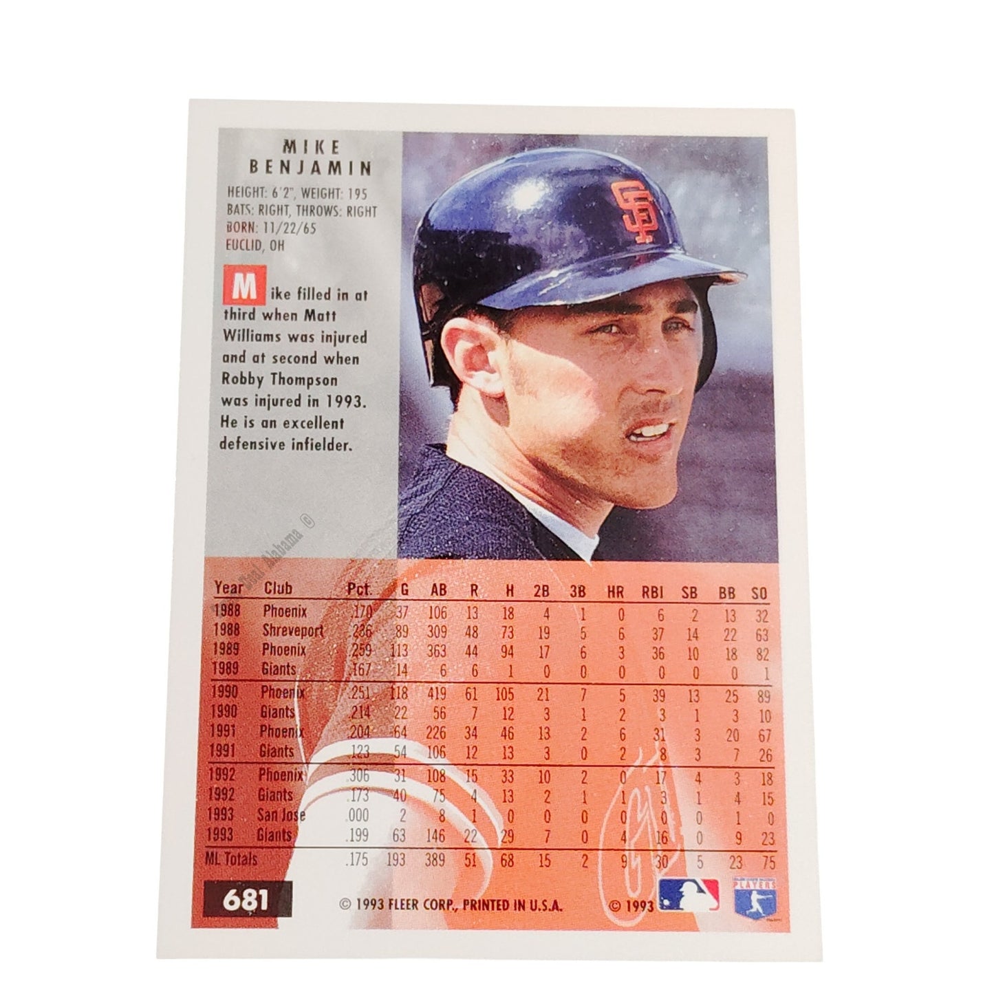 Mike Benjamin, San Francisco Giants, #681, 1994 Fleer Baseball Collector's Card