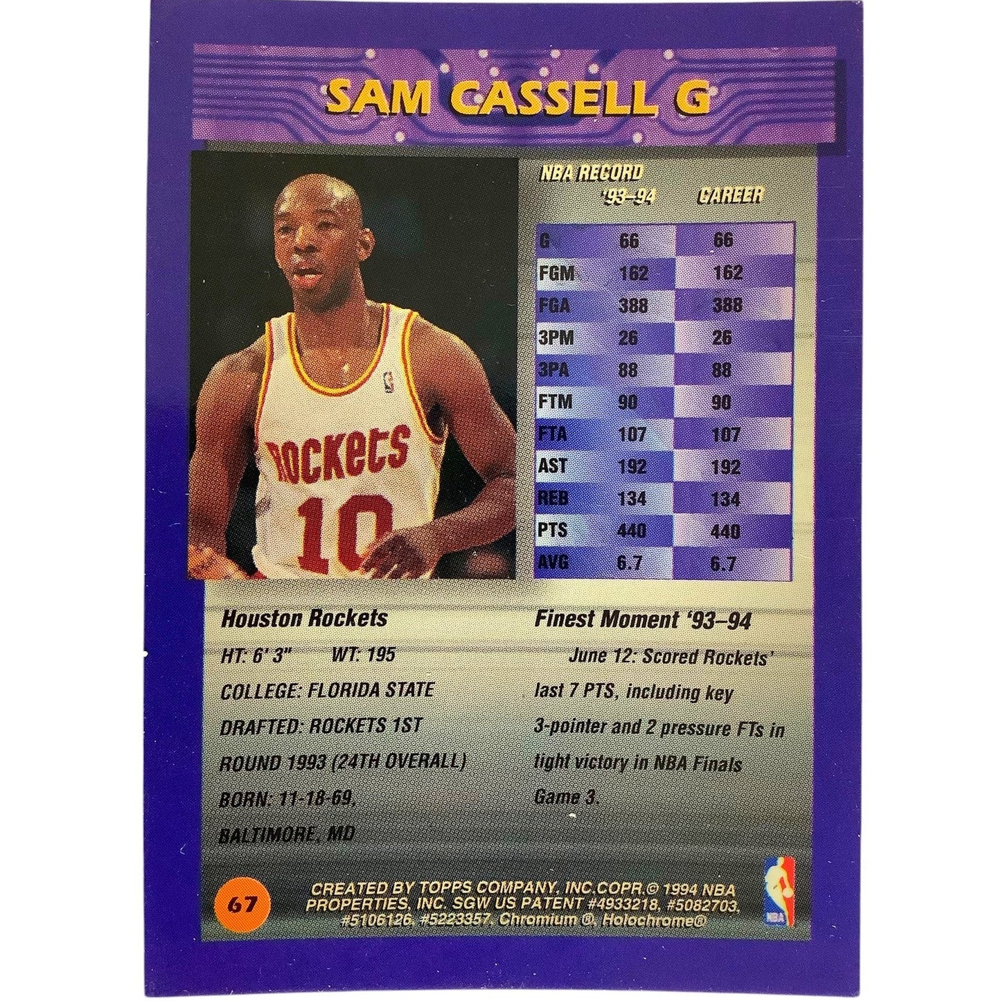 Sam Cassell, Rockets, 1994 NBA TOPPS Finest w/ Protective Cover, Card 67, NM+