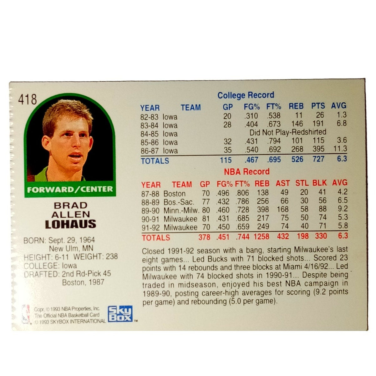 Brad Lahaus Milwaukee Bucks 1993 Skybox NBA Hoops, Mis-cut Trading Card #418, NM