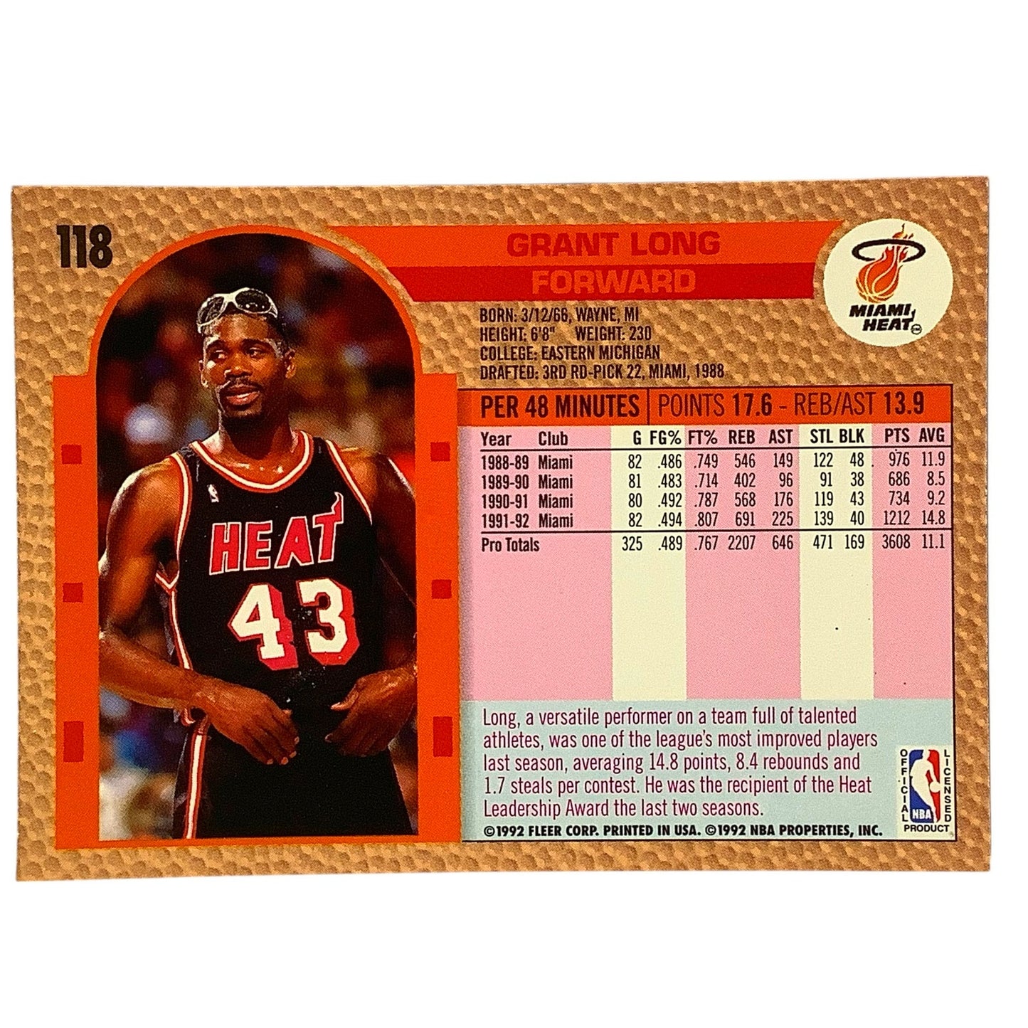 Grant Long (F), Card #118, Miami Heat, 1992-93 Fleer NBA
