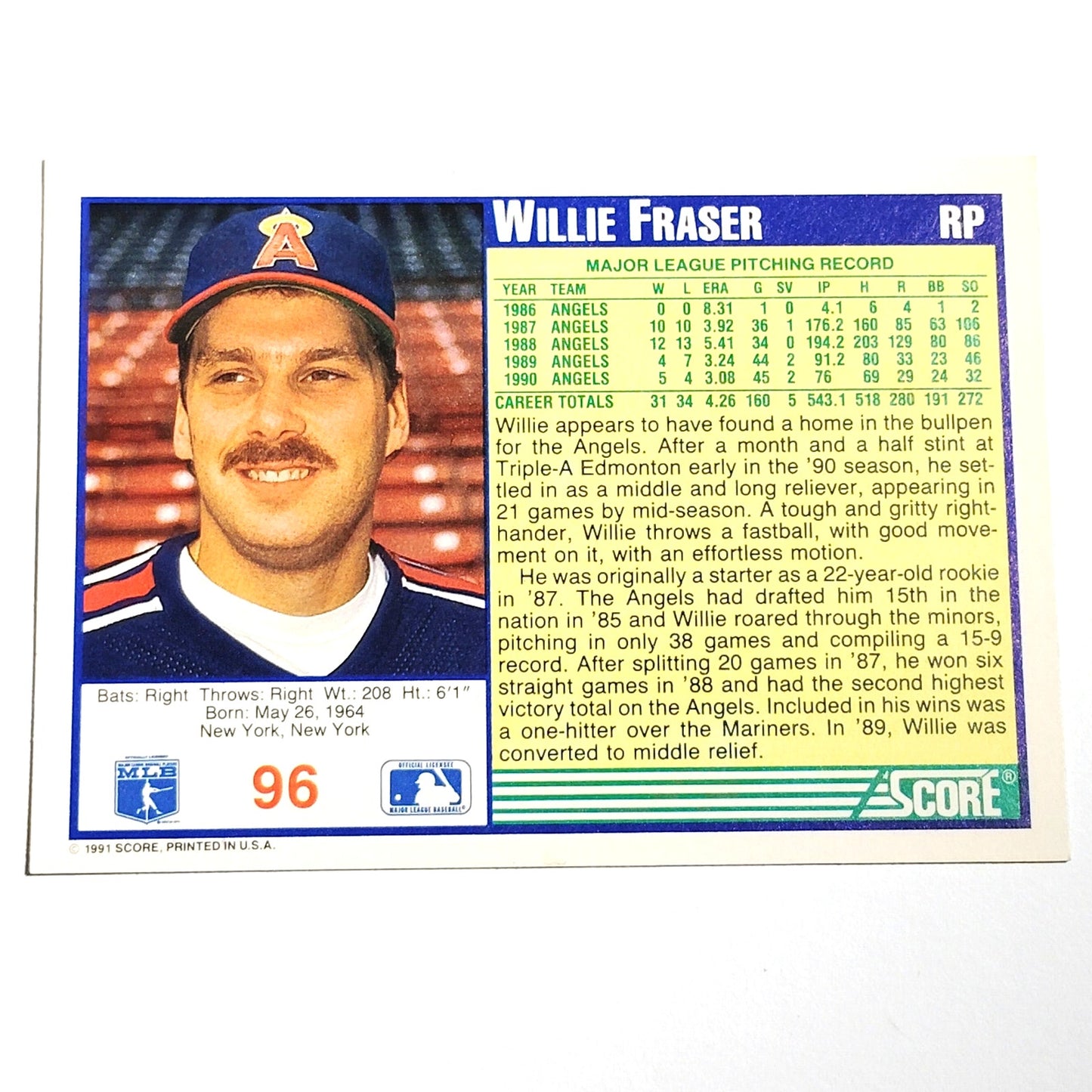 1991 Score Willie Fraser #96 California Angels Pitcher MLB Baseball Card NM