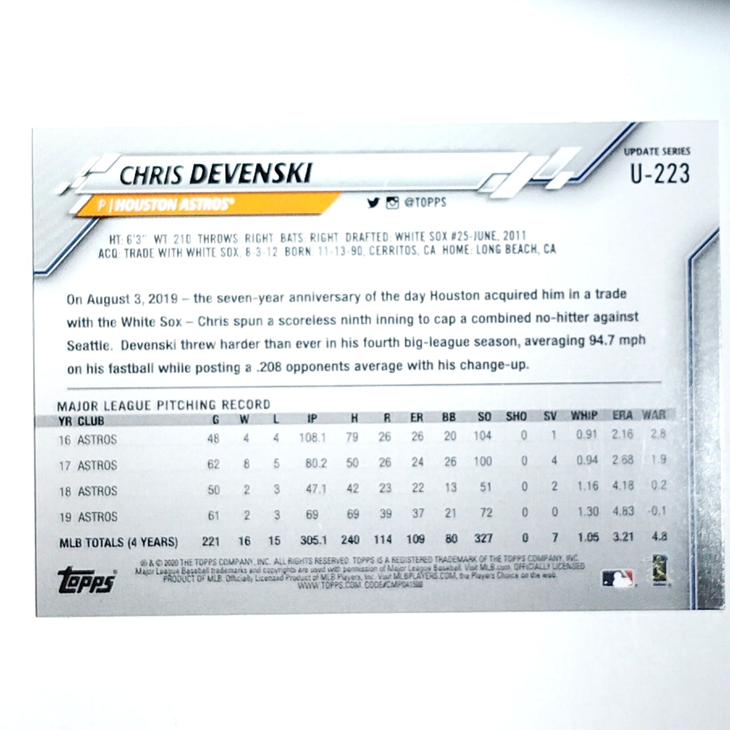 2020 Topps Update #U-223 Chris Devenski Houston Astros Pitcher - VG/EX