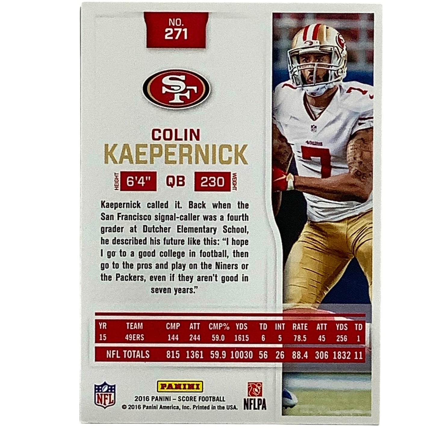 Colin Kaepernick, San Francisco 49ers, NFL 2016 Panini Score Card 271, EX/NM