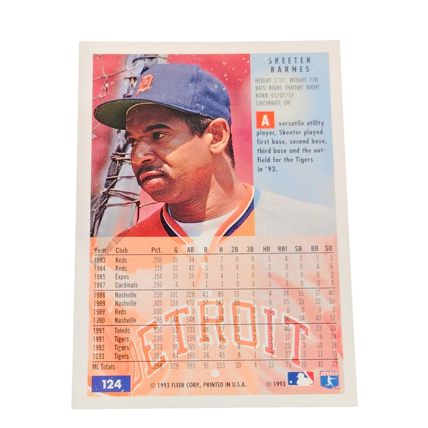 Skeeter Barnes, Detroit Tigers, #124, 1994 Fleer Baseball Collector's Card