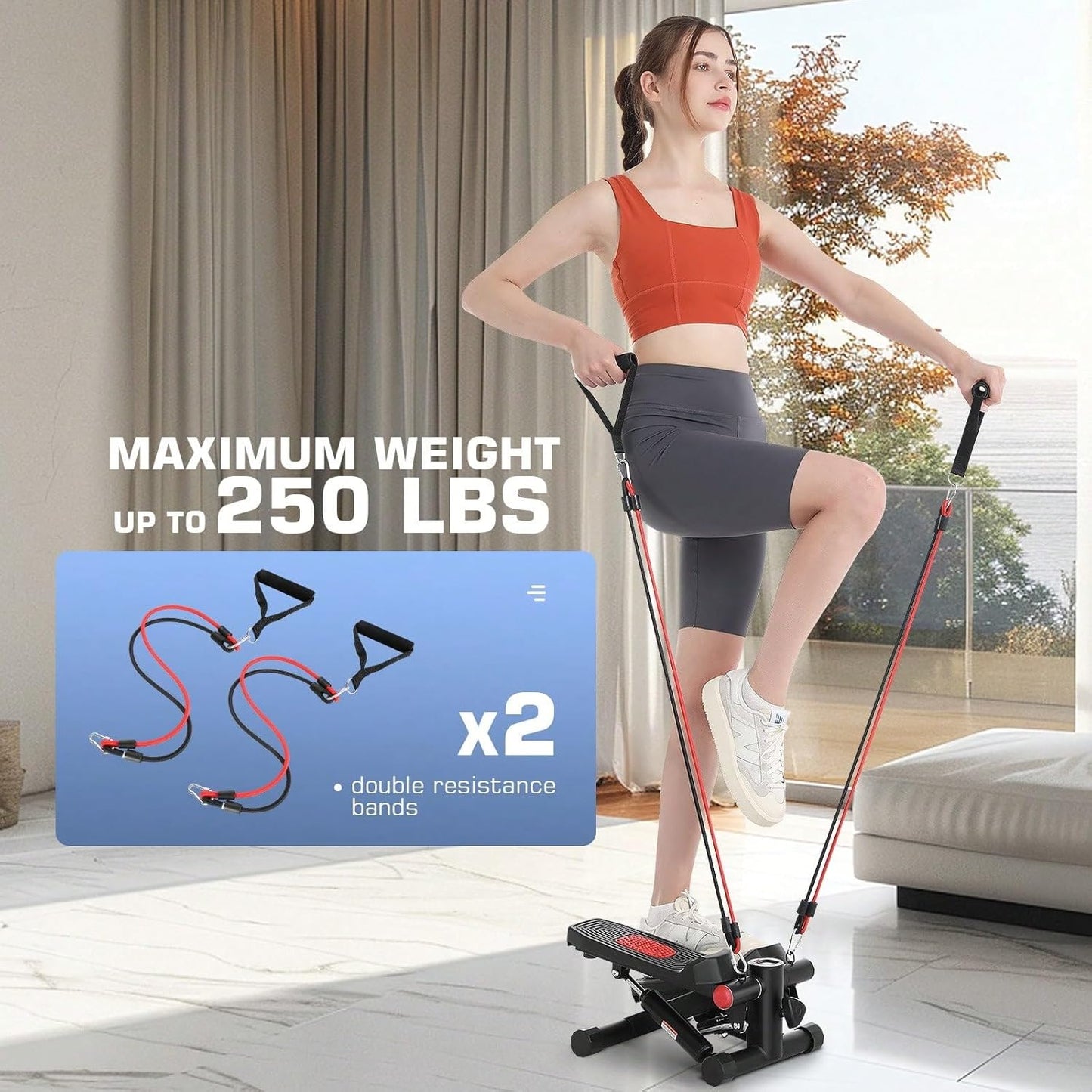 Stepper w/ Resistance Bands, Hydraulic Mini Stepper w/ LCD Monitor, Full Body Cardio Steppers