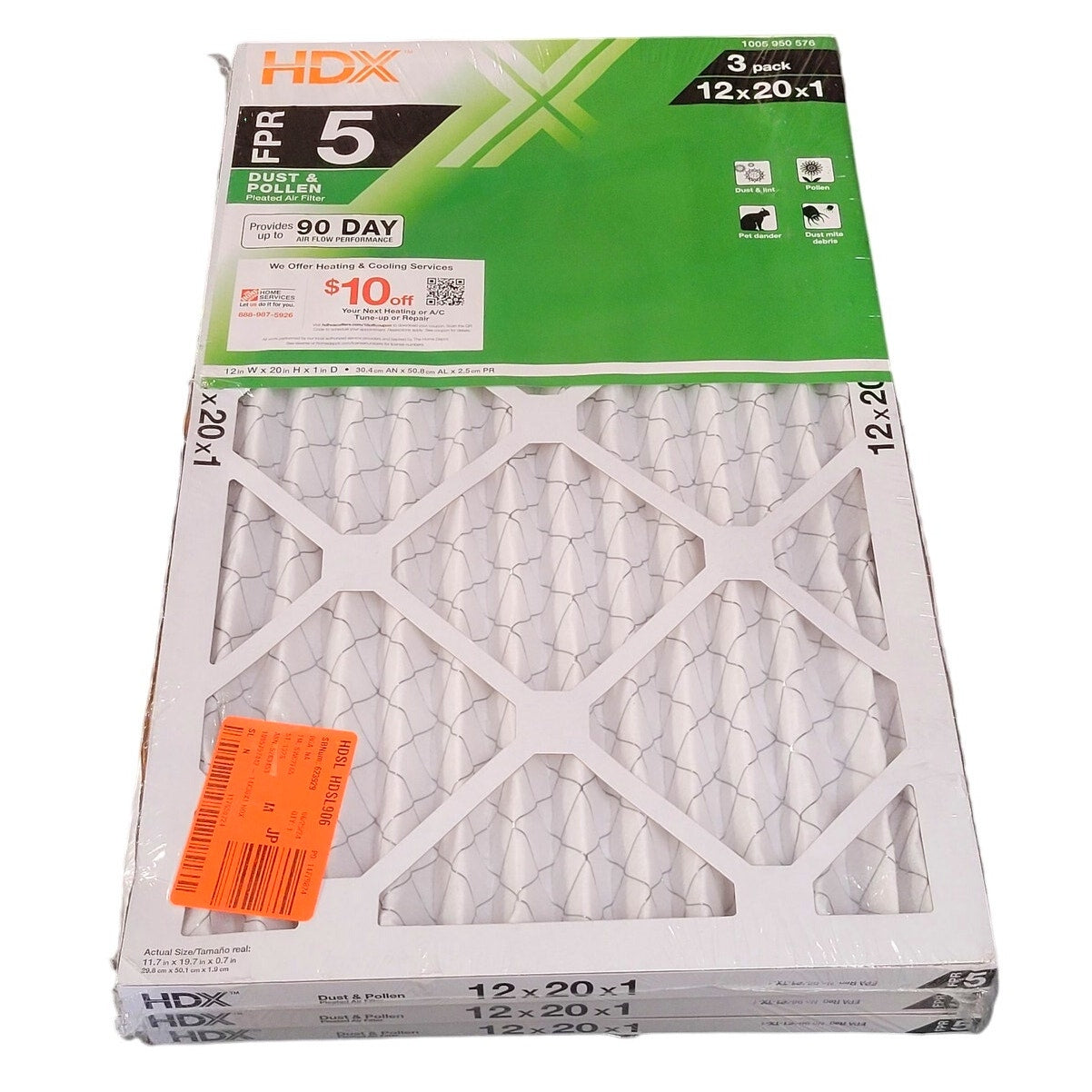 3-PK HDX 12" x 20" x 1" Standard Pleated Furnace Air Filter FPR 5, MERV 8 (3-Pk)
