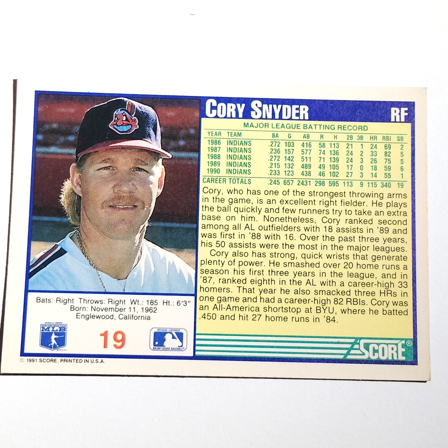 1991 Score Cory Snyder #19 Cleveland Indians Right Fielder MLB Baseball Card NM