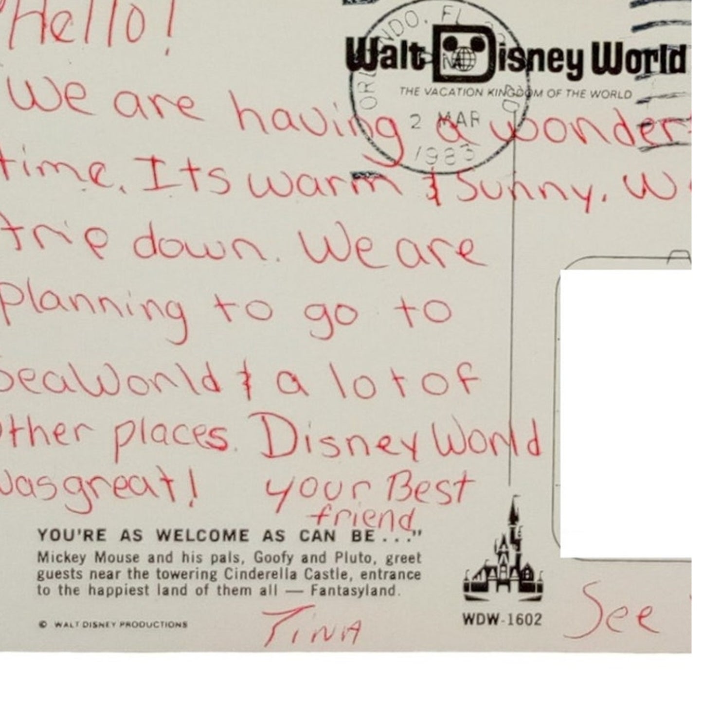 Mickey Mouse, Pluto, Goofy at Walt Disney World 1983, 3.5 x 5.5 Vintage Postcard