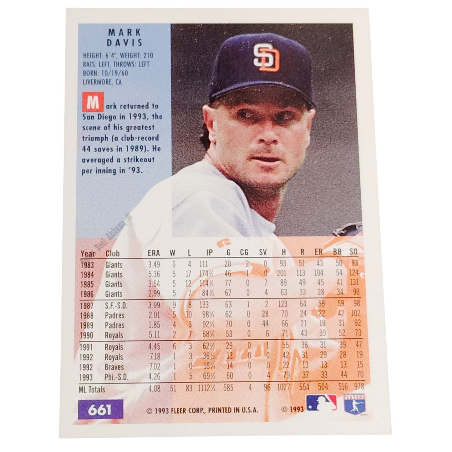 Mark Davis, San Diego Padres, #661, 1994 Fleer Baseball Collector's Card