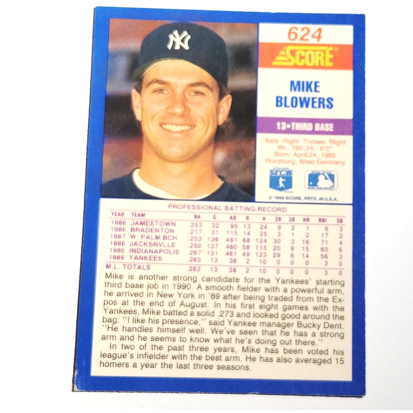1990 Score Mike Blowers RC #624 New York Yankees Third Baseman Rookie MLB EX