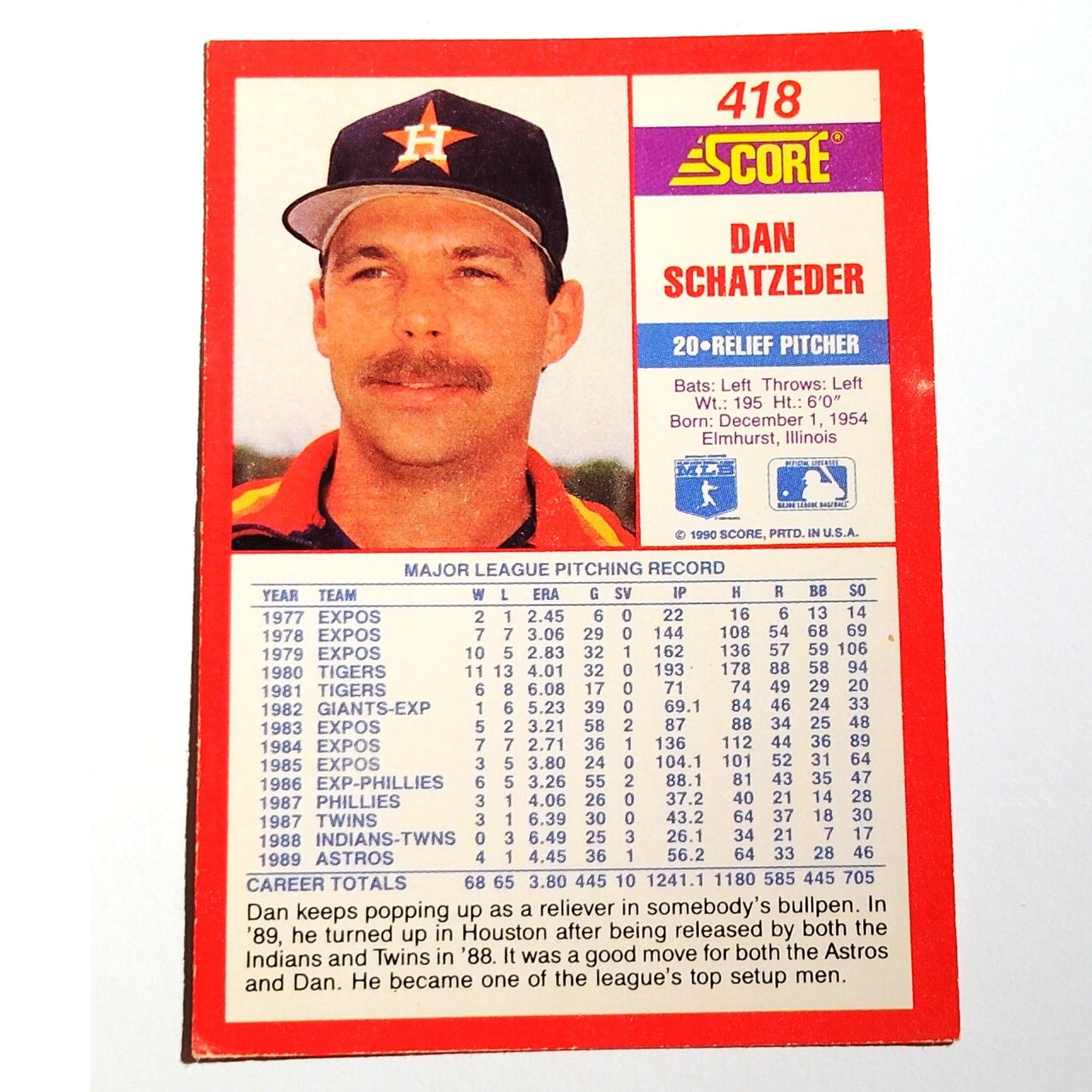 1990 Score Dan Schatzeder #418 Houston Astros Relief Pitcher MLB Baseball EX