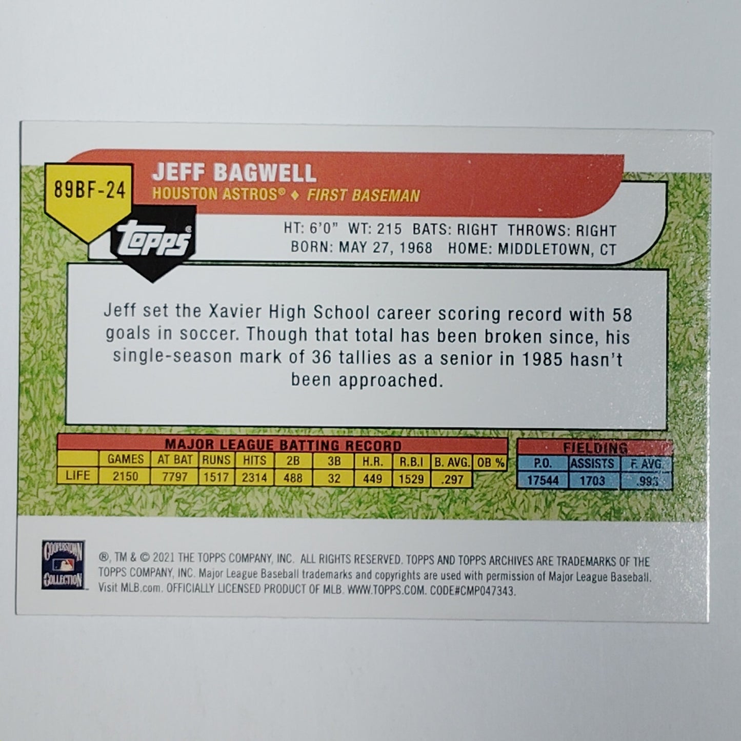 2021 Topps Archives #89BF-24 Jeff Bagwell 1989 Big Foil Houston Astros 1B -VG/EX