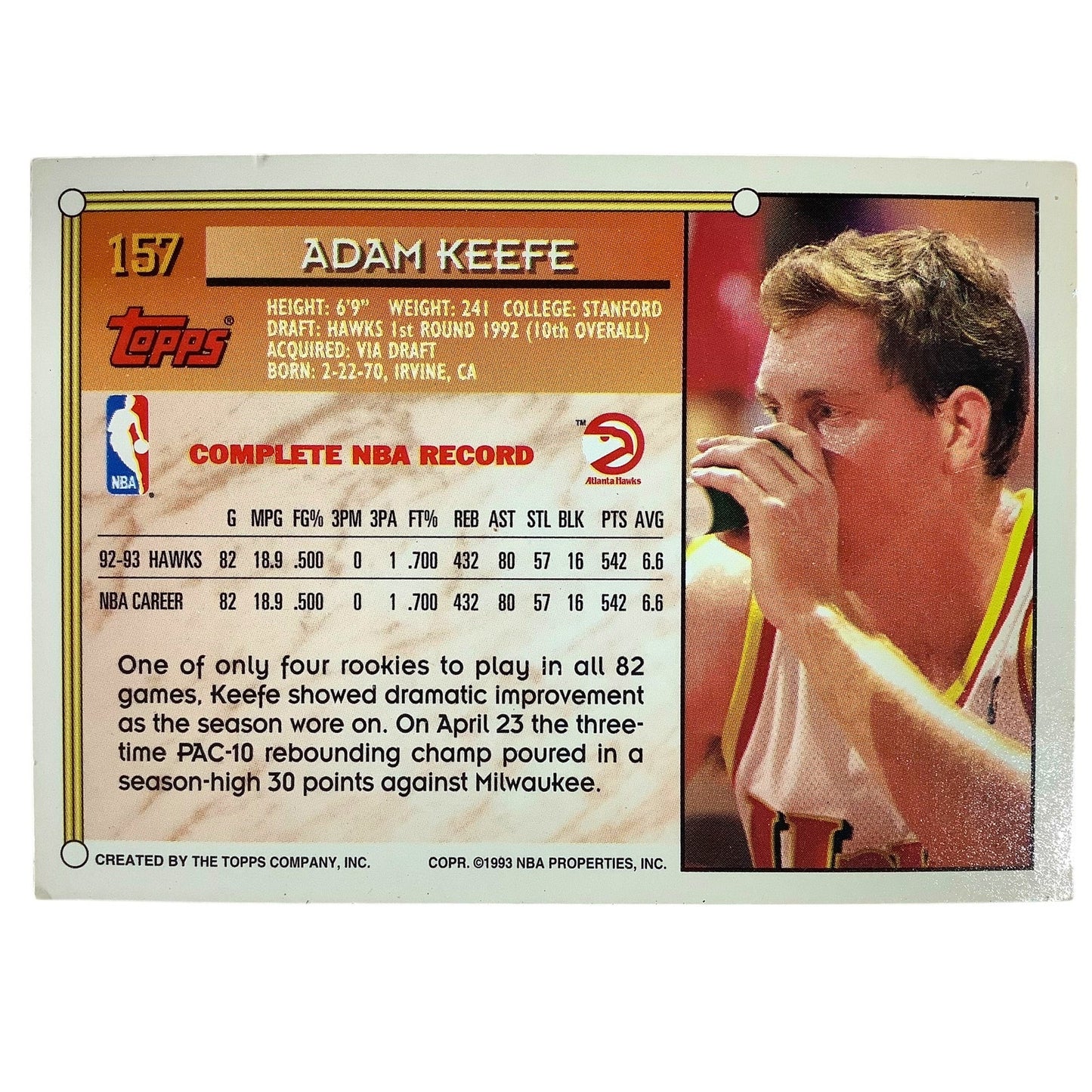 Adam Keefe, Atlanta Hawks, 1993 Topps Collector's Card 157, EXC