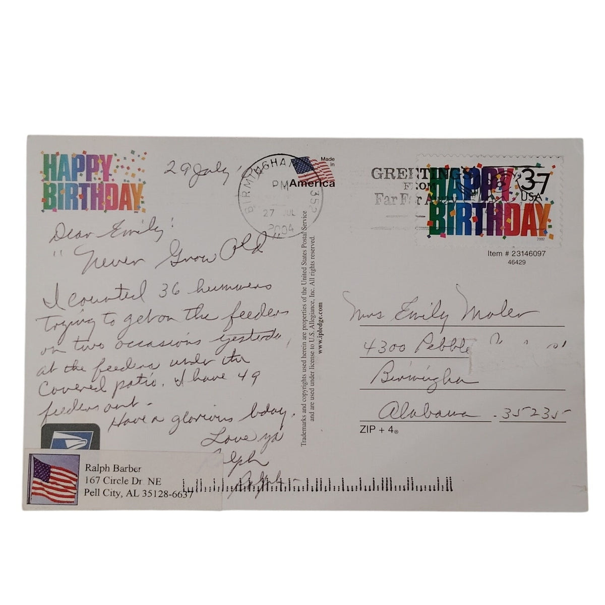 USPS Happy Birthday 2002 37-Cent Postcard Full Cover Canceled Birmingham AL