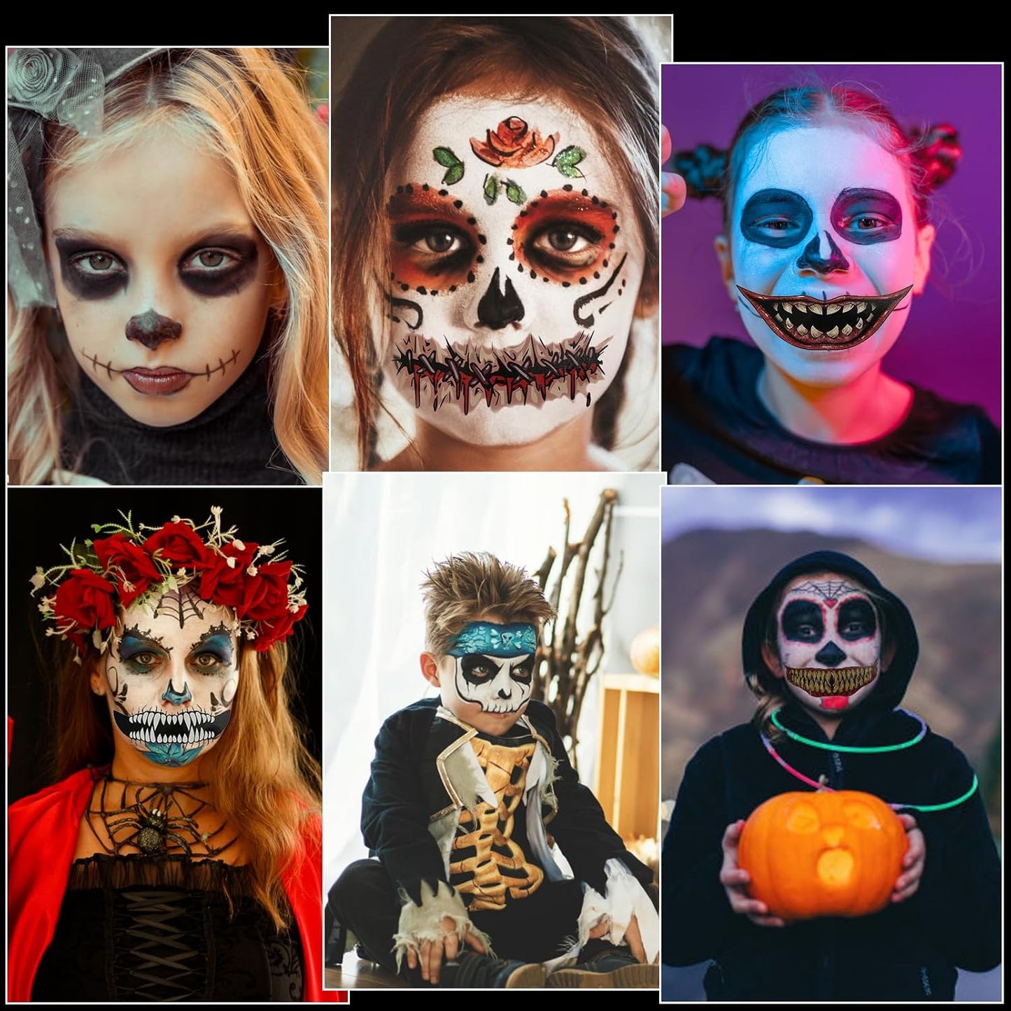 Halloween Realistic Big Mouth Tattoos, 12 Sheets, Waterproof, Punk Style