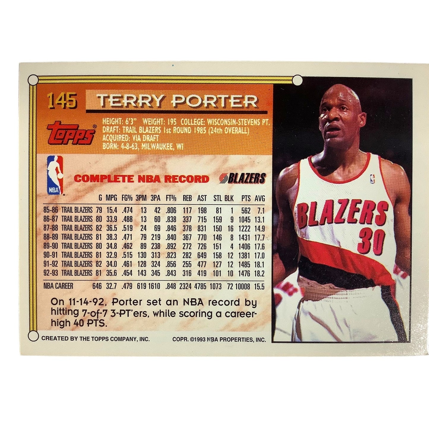 Terry Porter, Portland Trail Blazers, 1993 Topps Collector's Card 145, EXC