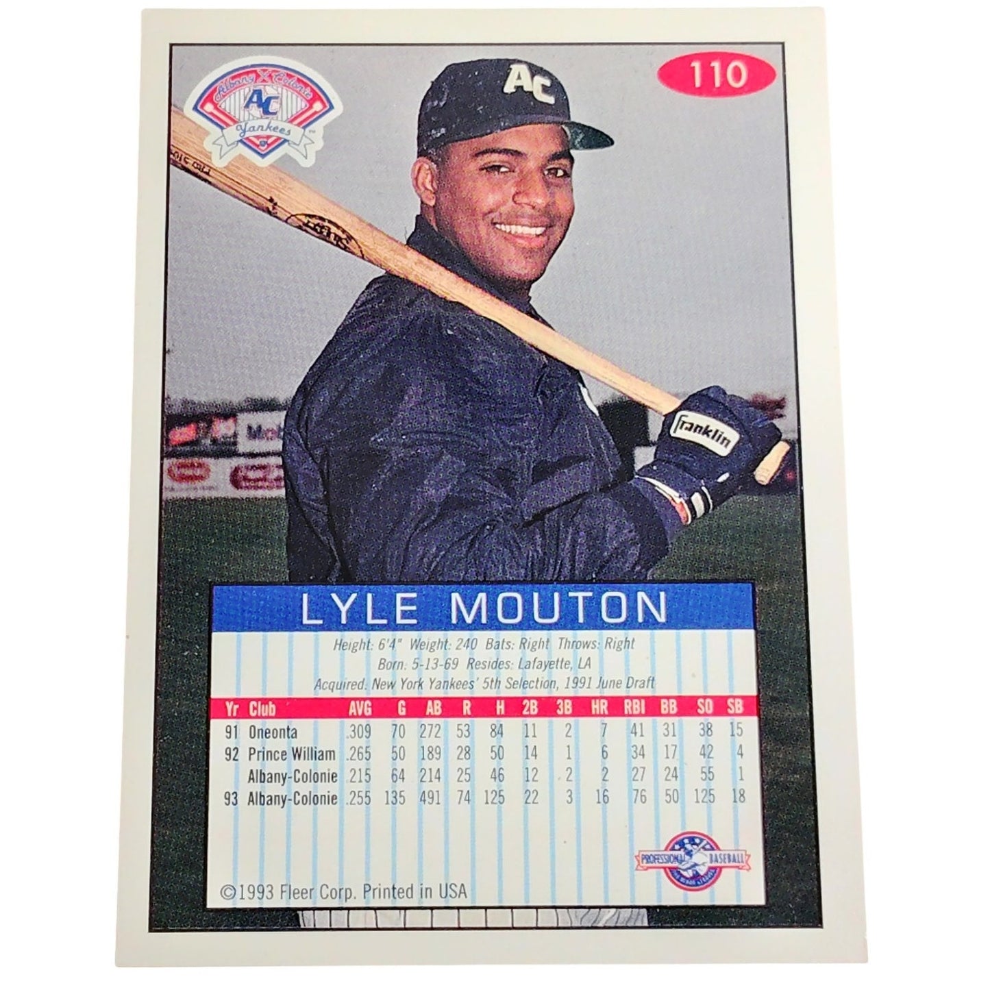 Lyle Mouton, Albany Colonie Yankees, No. 110, 93-94 Fleer Excel Minor Leagues