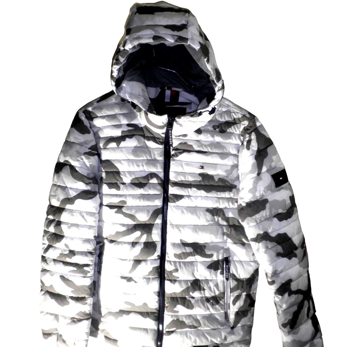 Tommy Hilfiger Men's Stretch Poly Hooded Packable Puffer Jacket, SM, White Camo