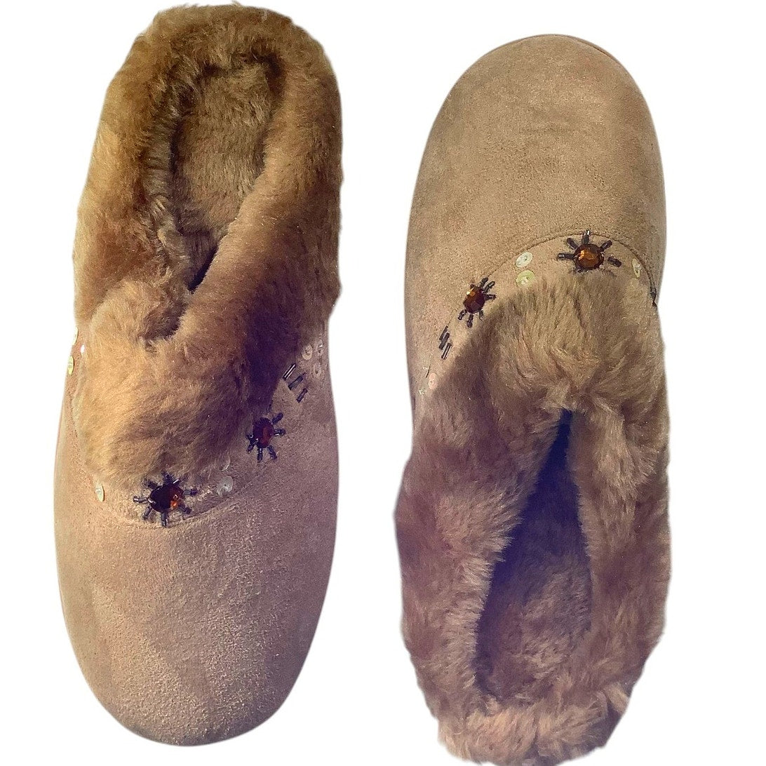 Women's Sequin Trim Faux Fur Clog Slippers, Beige, Size L (9-10)