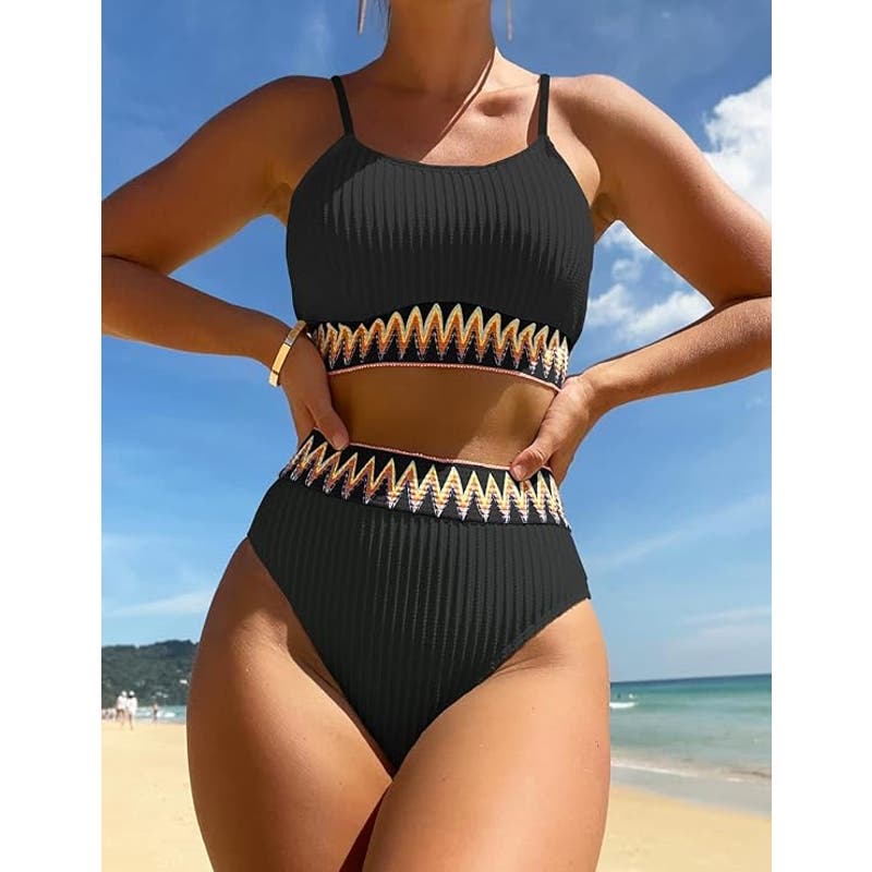 Zuvebamyo High Waisted 2-Piece Ribbed Bikini Set Crop Top High Cut Cheeky, Small