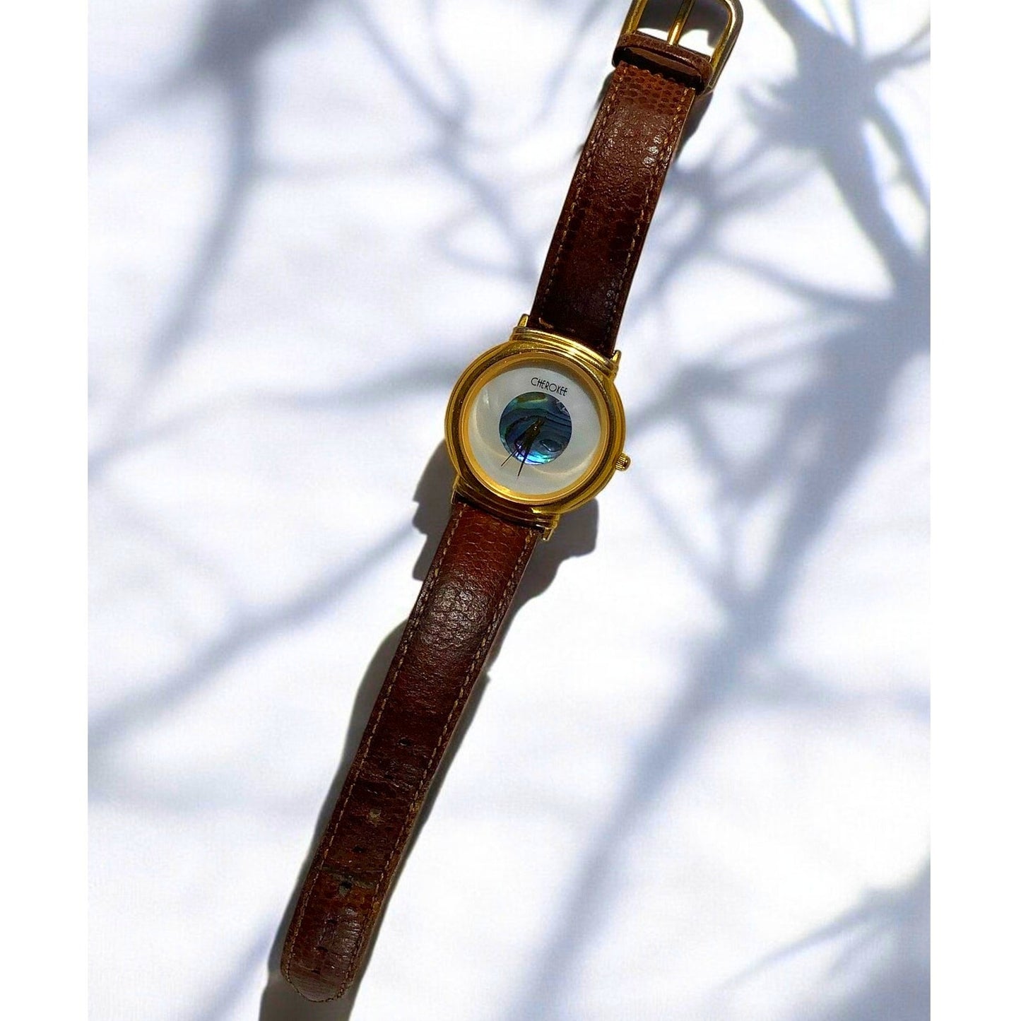 Vintage Cherokee Abalone Face Watch, 1-1/4"D, Leather Band, Needs Battery, EUC