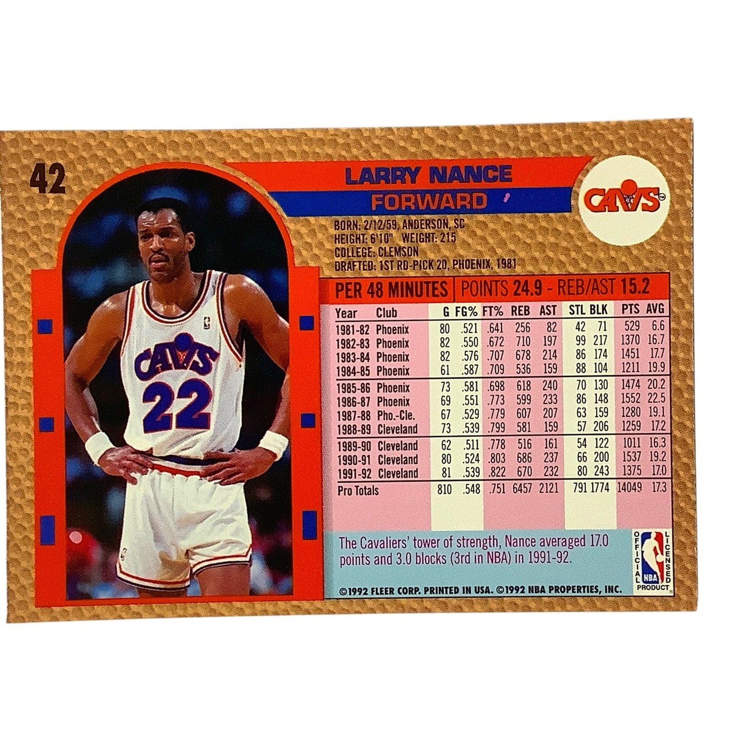 Larry Nance (F), Card #42, Cleveland Cavs (Cavaliers), 1992-93 Fleer NBA