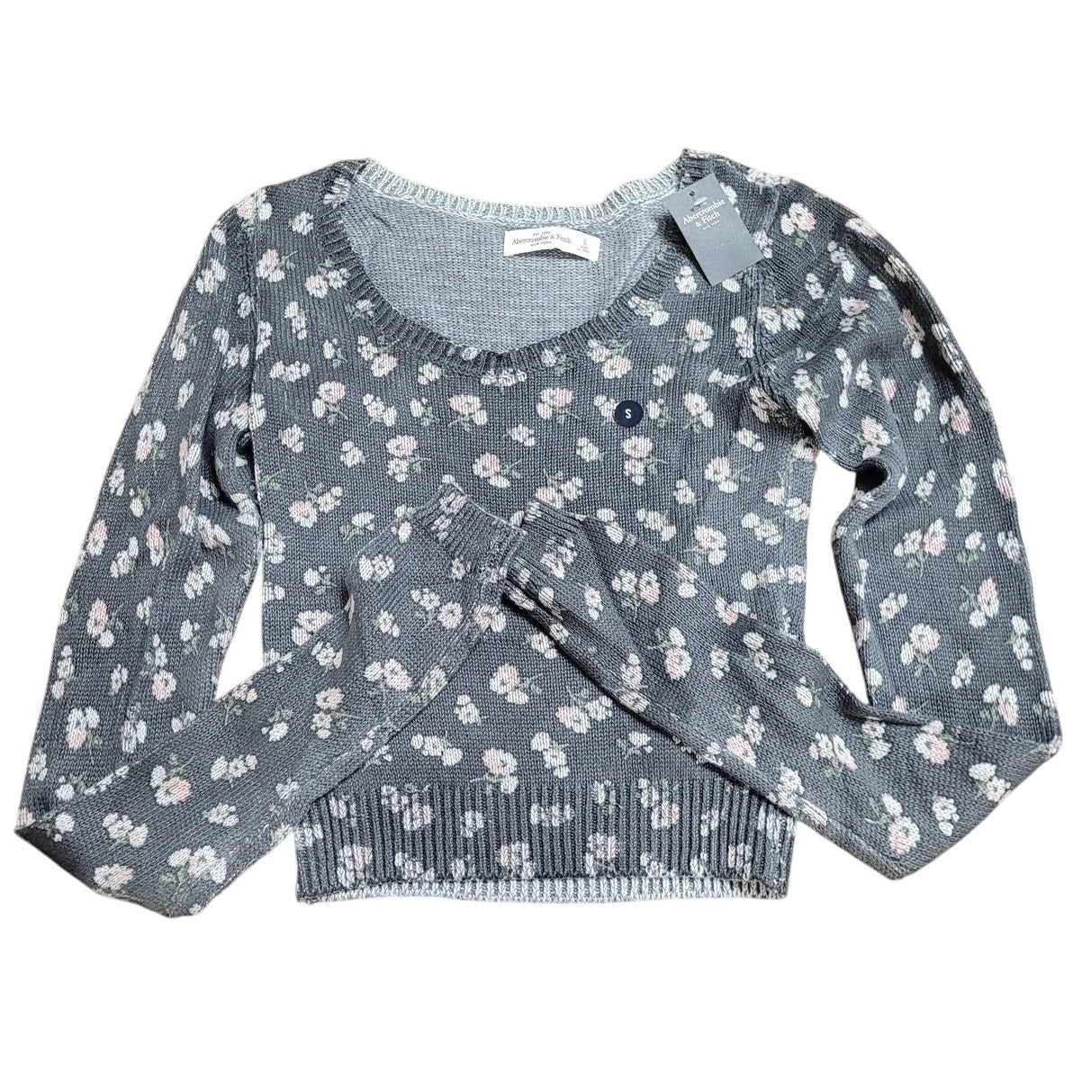 Gray Abercrombie & Fitch Cropped L/S Sweater With Floral Pattern, Size Small