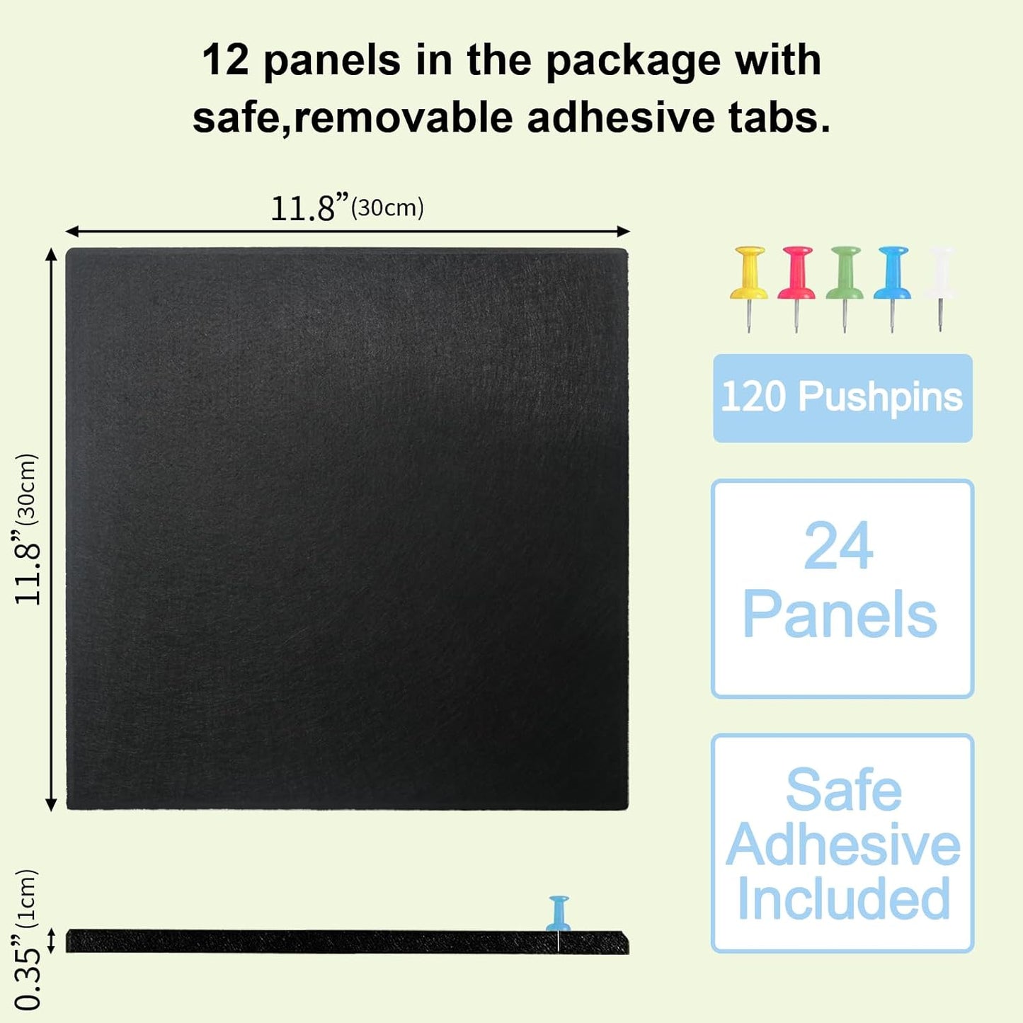 Felt Bulletin Board Tiles, 24-Pack (70"x47") Blk - w/ Adhesive Tabs & Push Pins