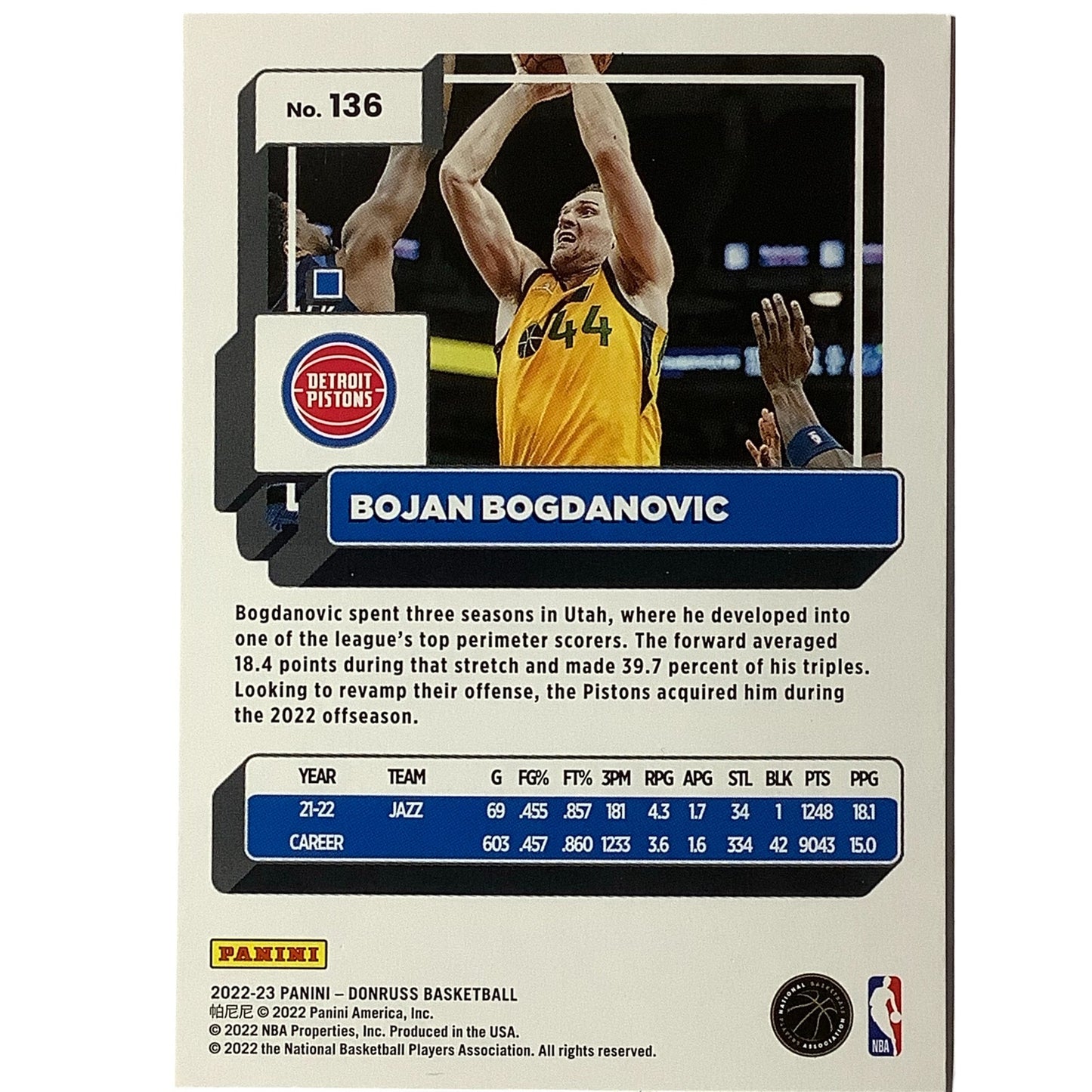 Bojan Bogdanovic, Detroit Pistons, Card #136, 2022-23 NBA Panini-Donruss
