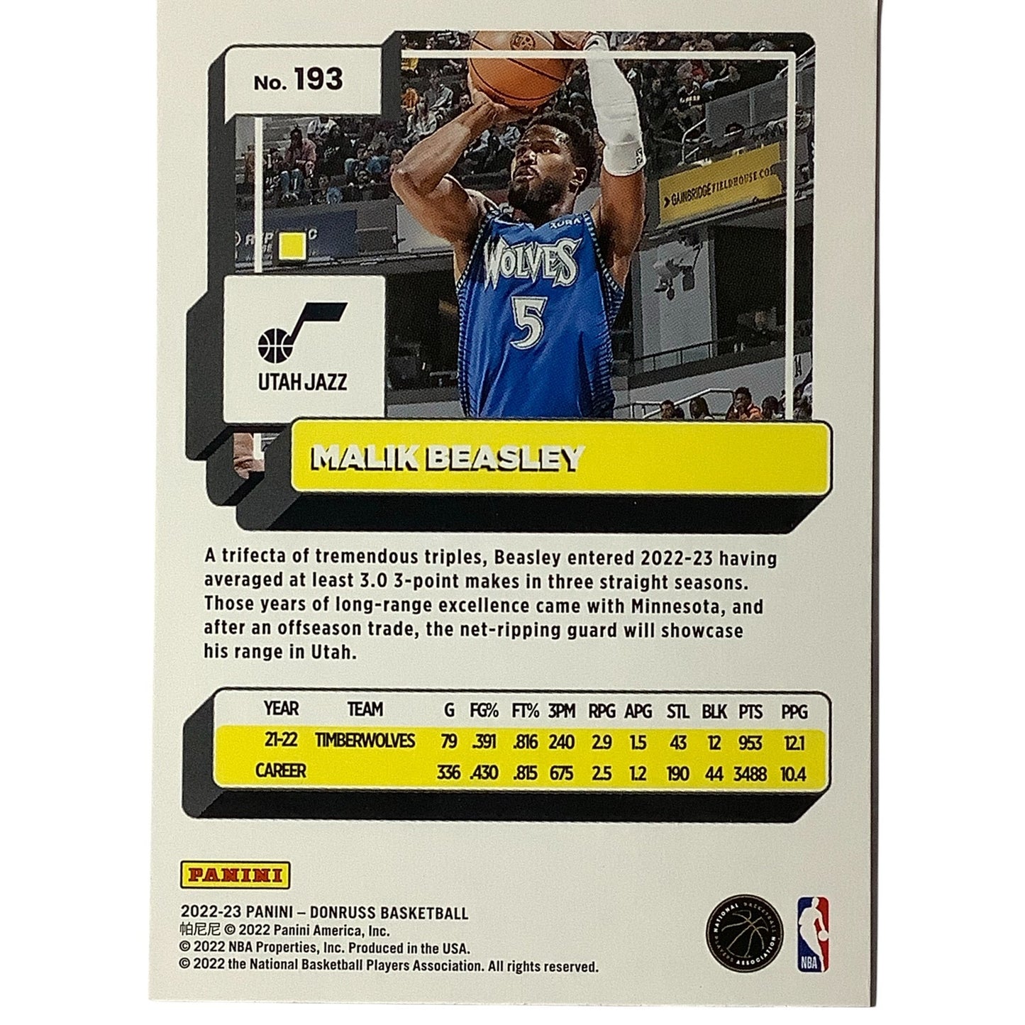 Malik Beasley, Utah Jazz, Card #193, 2022-23 NBA Panini-Donruss