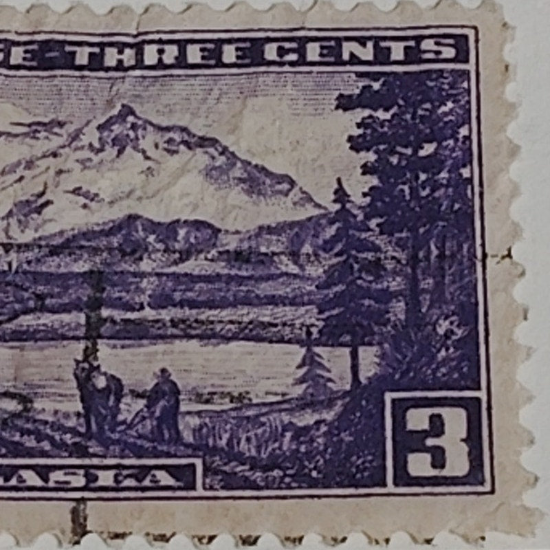 1937 3¢ Alaska Territory Stamp – Scott #800 – Canceled – Violet – Denali Scene
