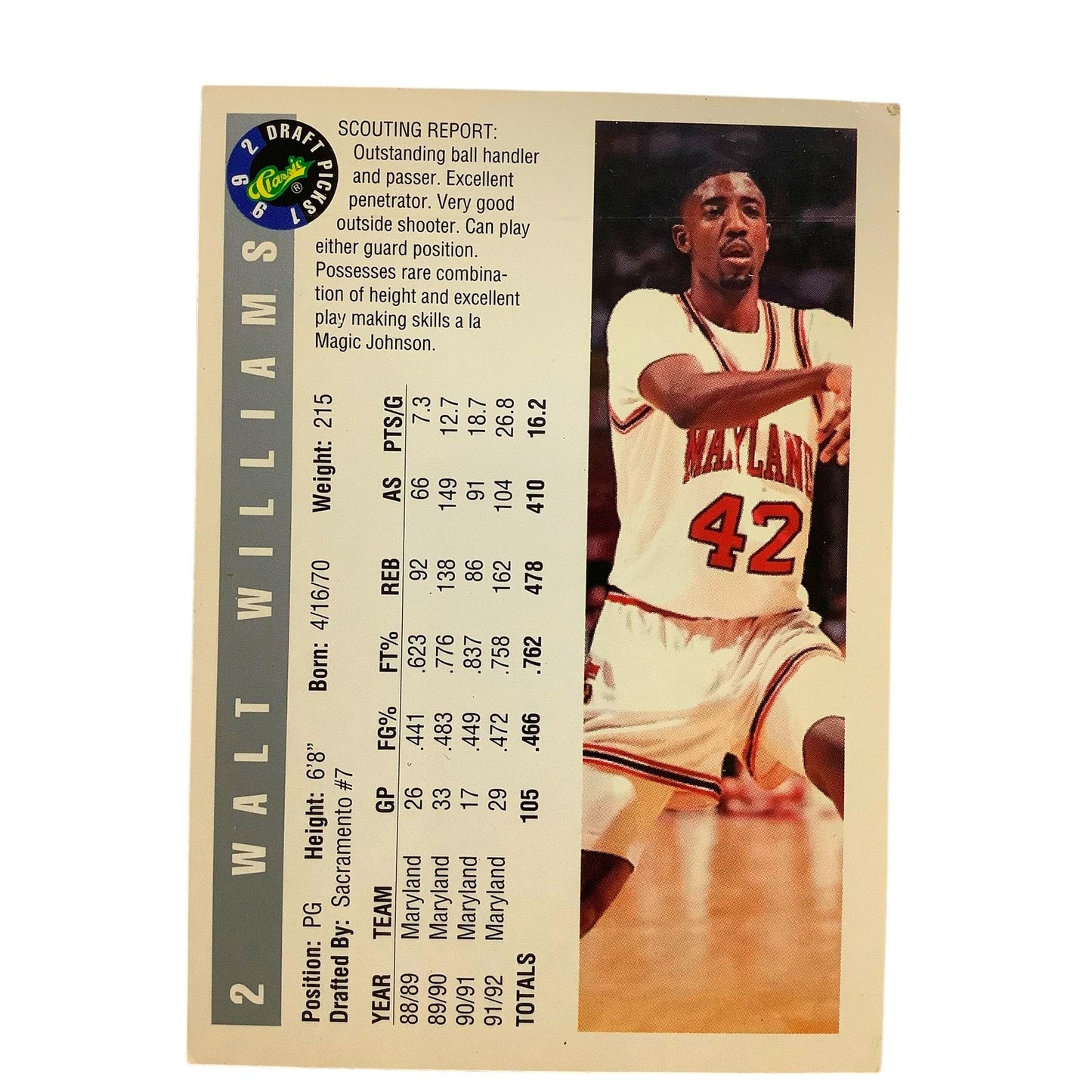 Walt Williams, Maryland (G), Classics 1992 Draft Picks Card 2, EXC