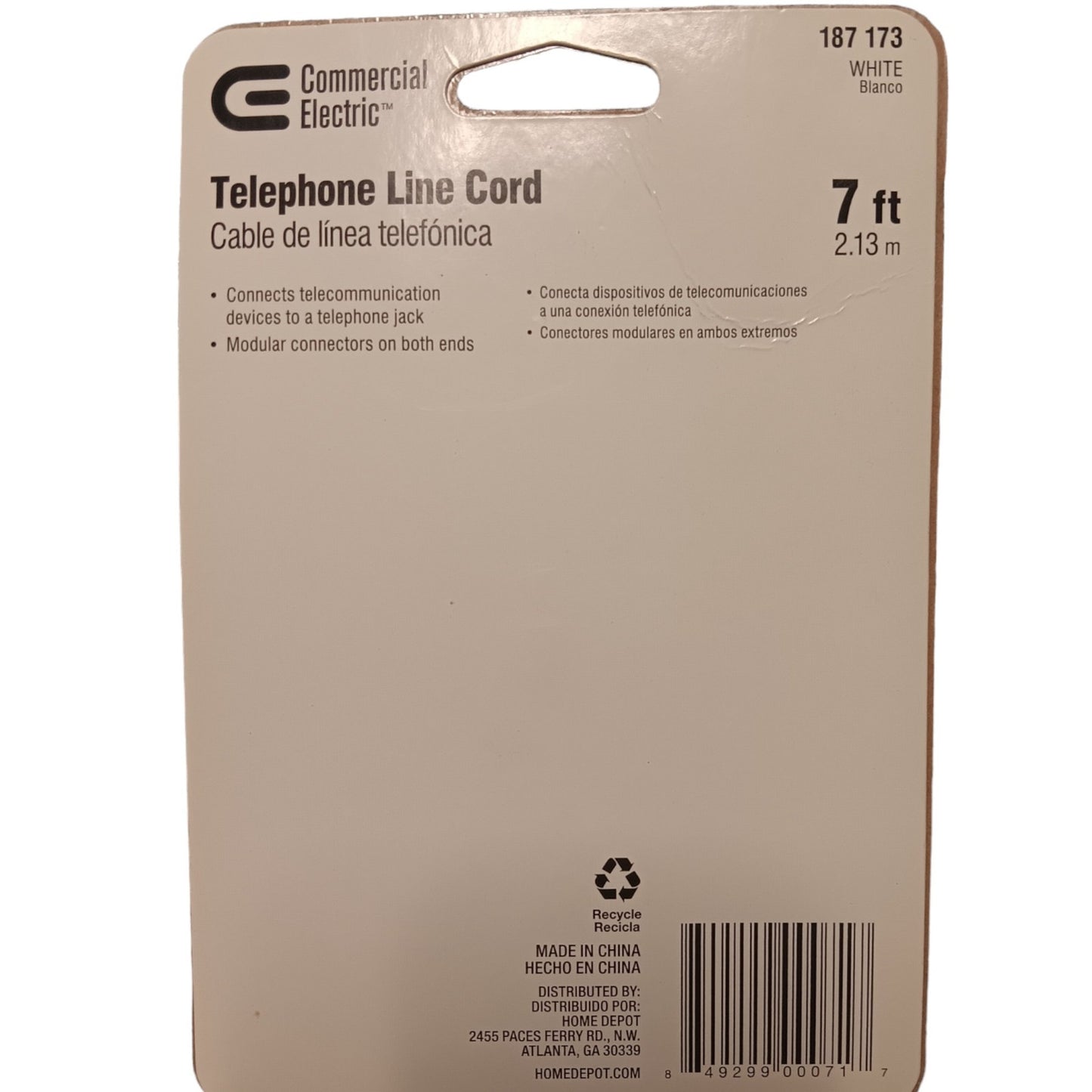 Commercial Electric 7 FT. White Telephone Cord Cable Line, Standard RJ-11 Plugs