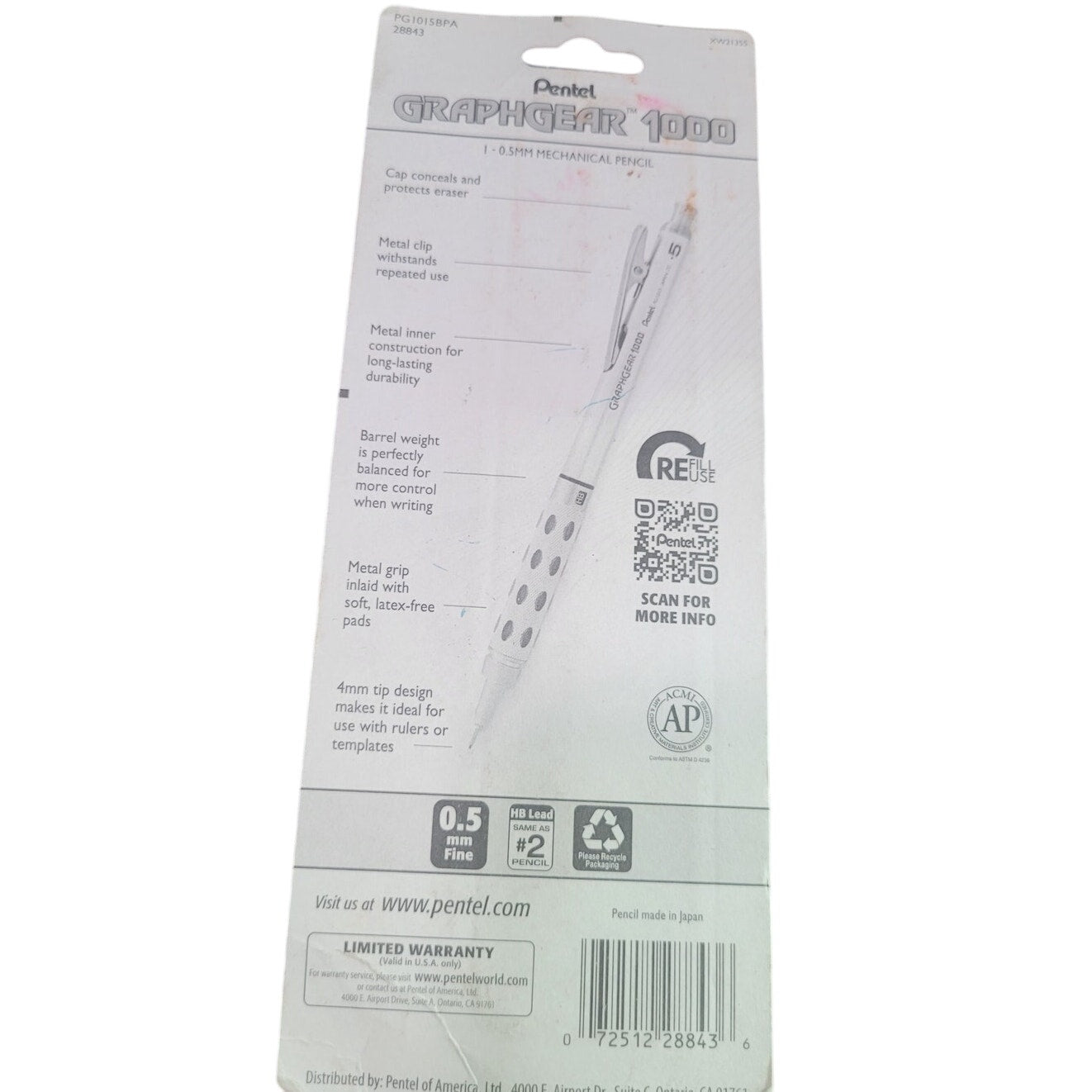 Pentel GraphGear #2 Mechanical Pencil 0.5MM Brass Barrel Silver Single Pack