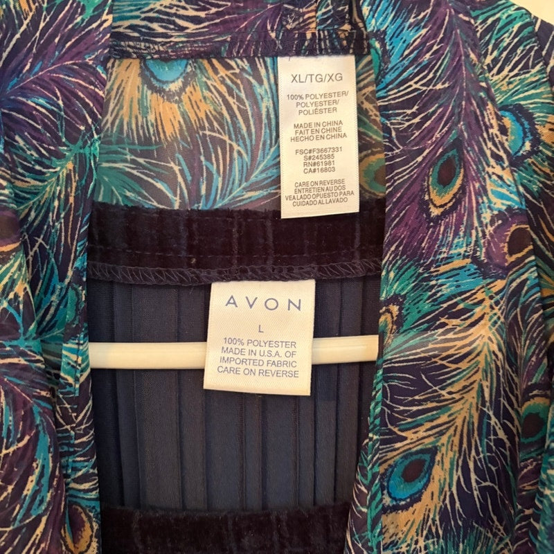 AVON Navy Velvet Dress & Peacock Feather Print Open Front Cover Up Set - L/XL