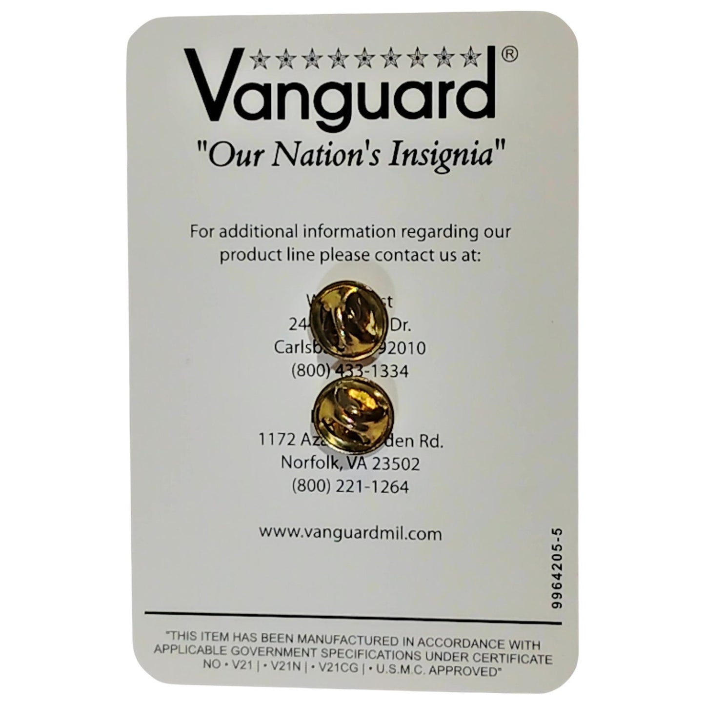 Vanguard U.S. Navy Jewish Chaplain (CJ) Collar Device, 1/2" x 3/4", Gold Finish