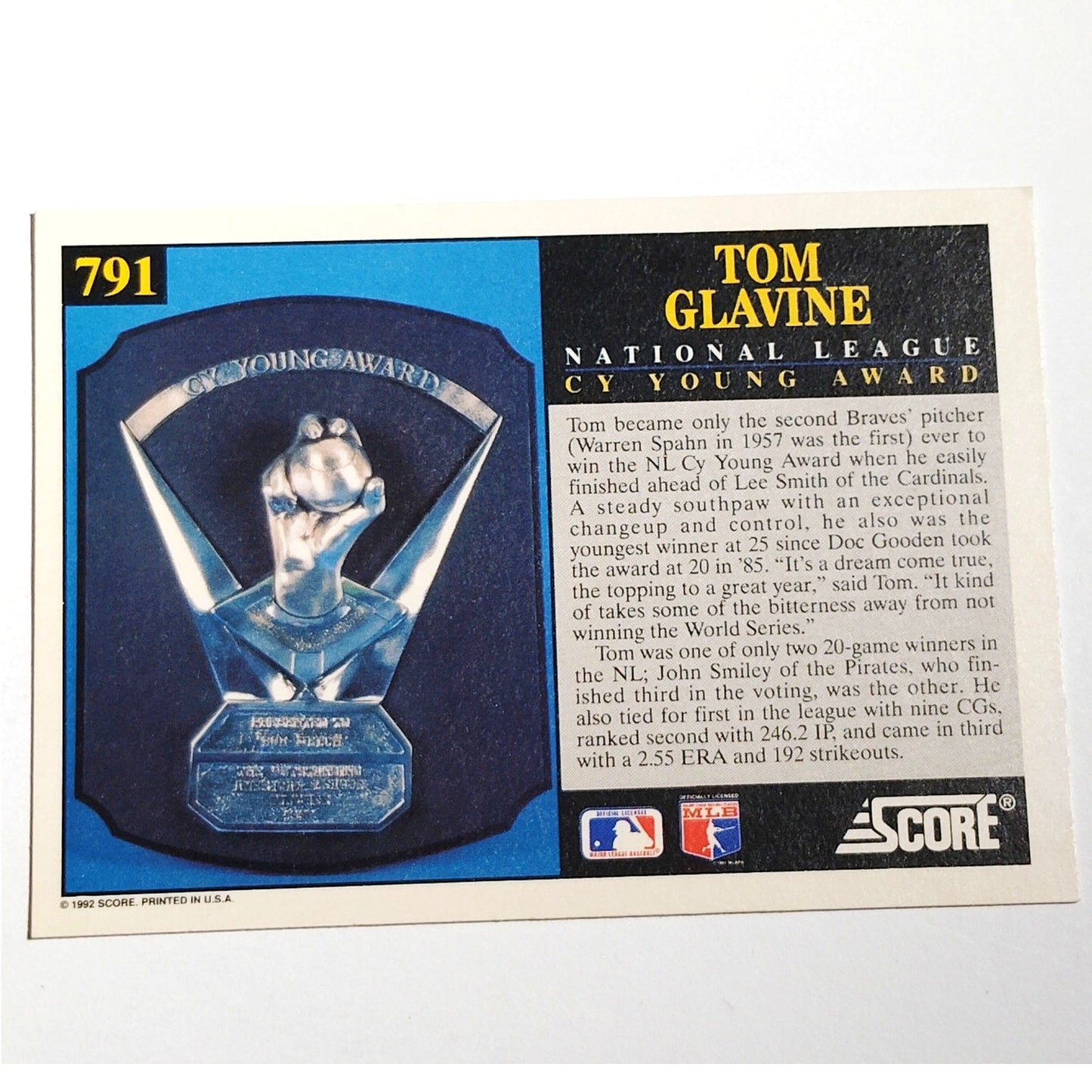 1992 Score Tom Glavine #791 Atlanta Braves Cy Young MLB Baseball Card NM