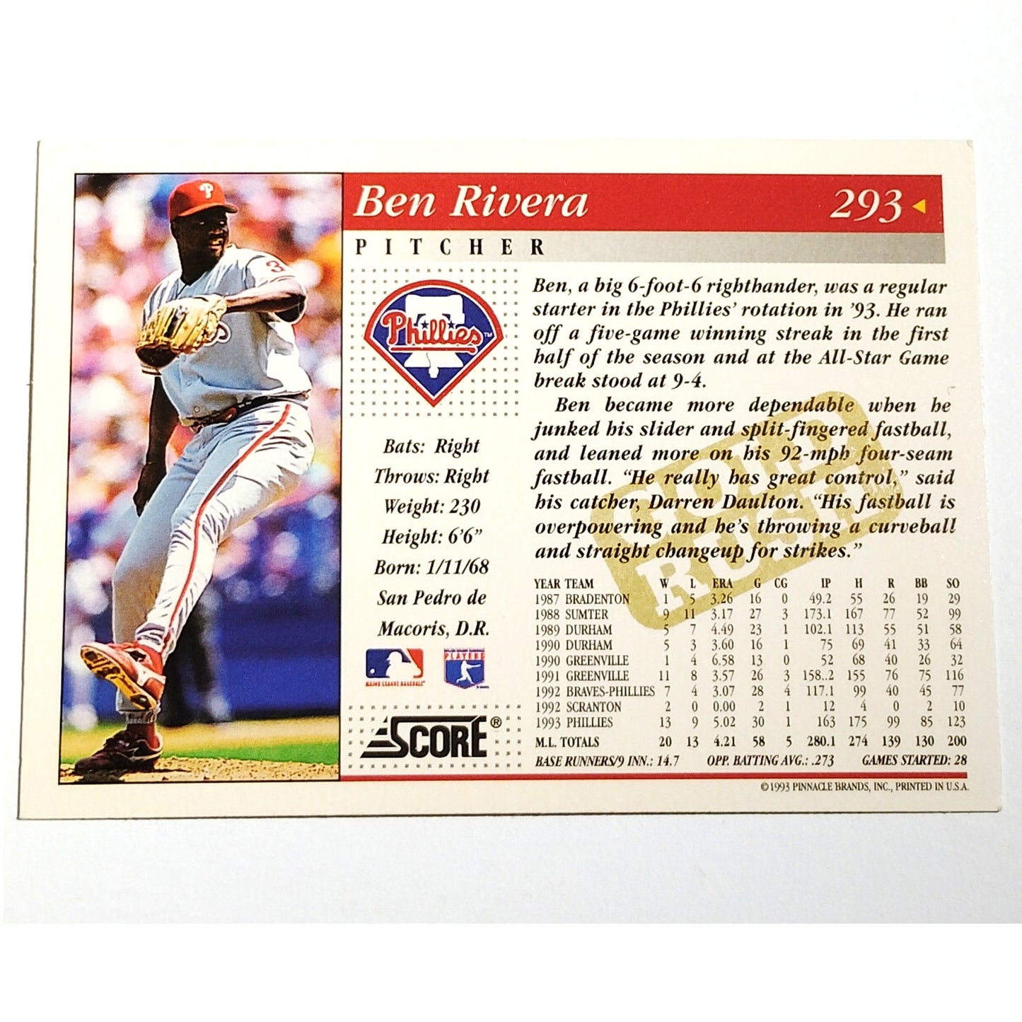 1993 Score Gold Rush Series Ben Rivera #783 Philadelphia Phillies Pitcher Card NM