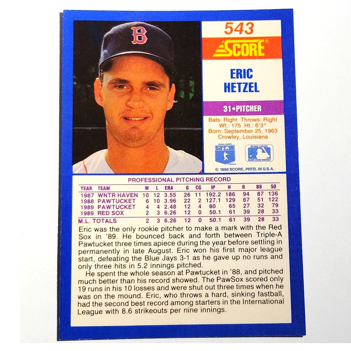 1990 Score Eric Hetzel #543 Boston Red Sox Pitcher MLB Baseball EX