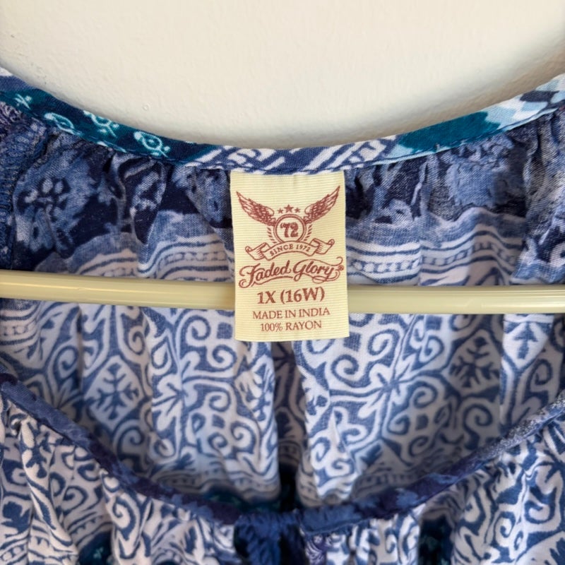 Faded Glory Women's Plus 1X Blue White Mixed Print Short Sleeve Peasant Top