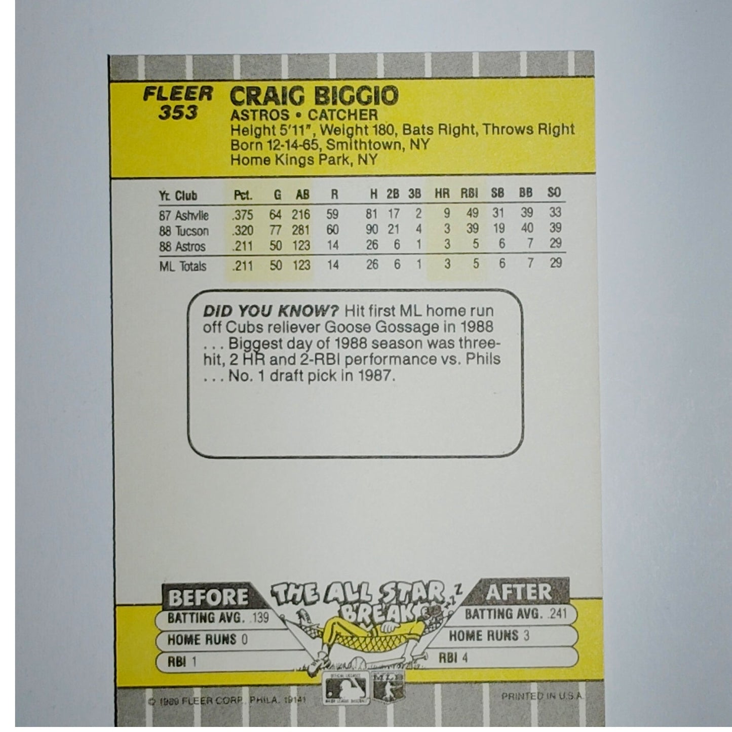 1989 Fleer Craig Biggio #353 Houston Astros Rookie RC - HOF Catcher VG/EX