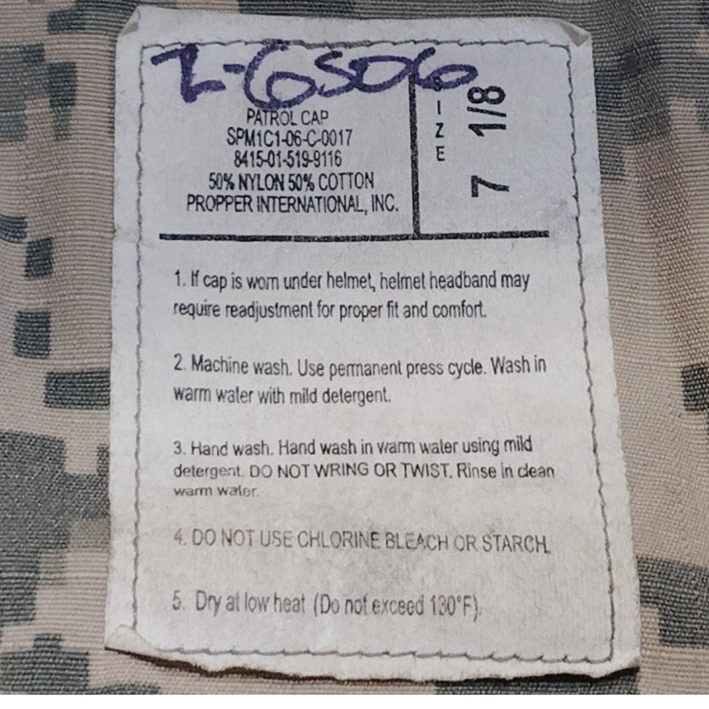 United States Digital ACU Camo Patrol Cap, Size 7-1/8, Ripstop, Propper Int, EUC
