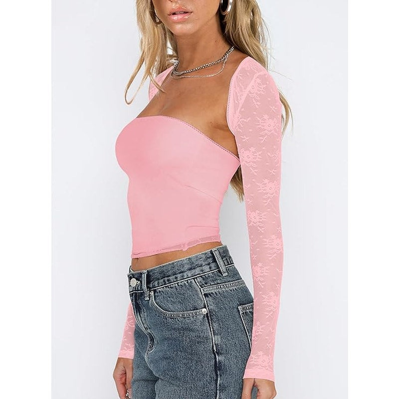 Lace Long Sleeve Square Neck Crop Top Shirt Strapless Tube Top & Bolero Set, SM