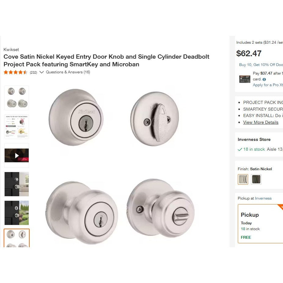 Kwikset (2-PK) Cove Satin Nickel Entry Door & Single Cylinder Deadbolt, SmartKey