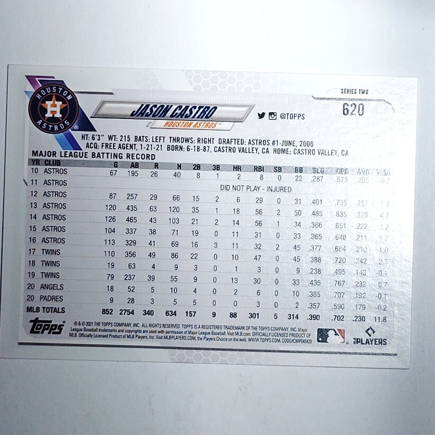 2021 Topps Series 2 #620 Jason Castro Houston Astros Catcher - VG/EX
