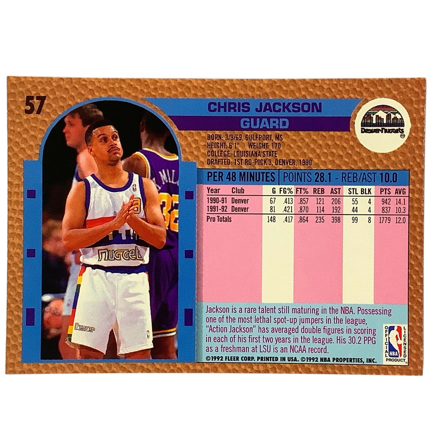 Chris Jackson (G), Card #57, Denver Nuggets, 1992-93 Fleer NBA