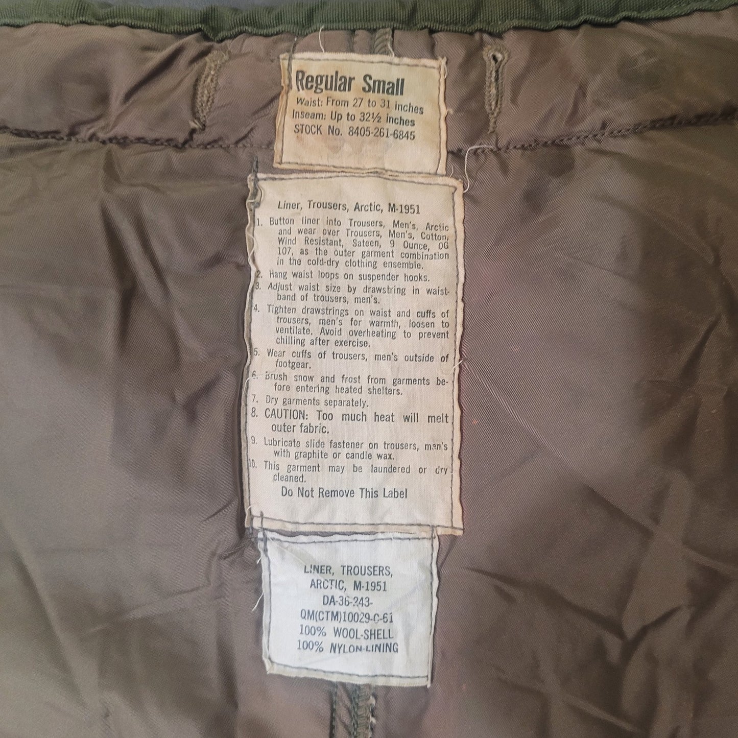 M-1951 Arctic Trousers Liner – Small Regular – 100% Wool Shell, Cold Weather