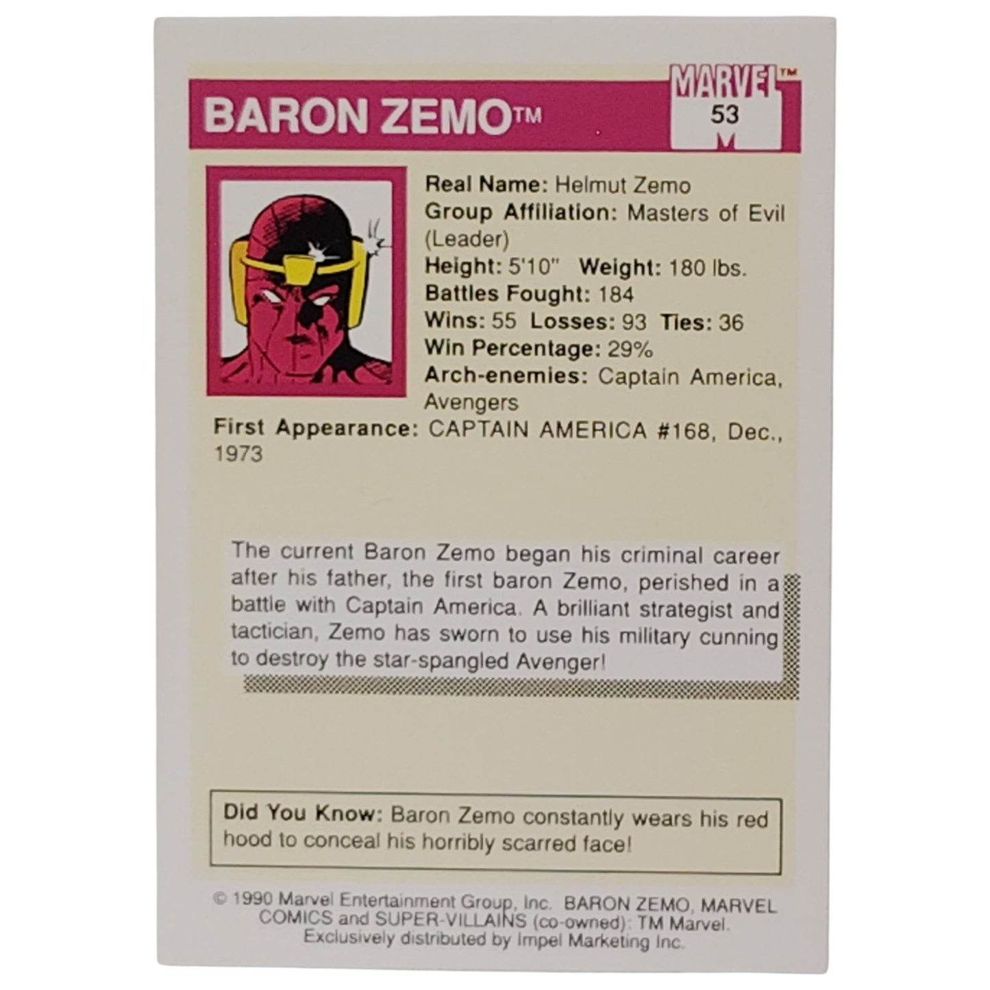 Marvel Comics Super-Villains - Baron Zemo, Card 53, 1993 Marvel Entertainment