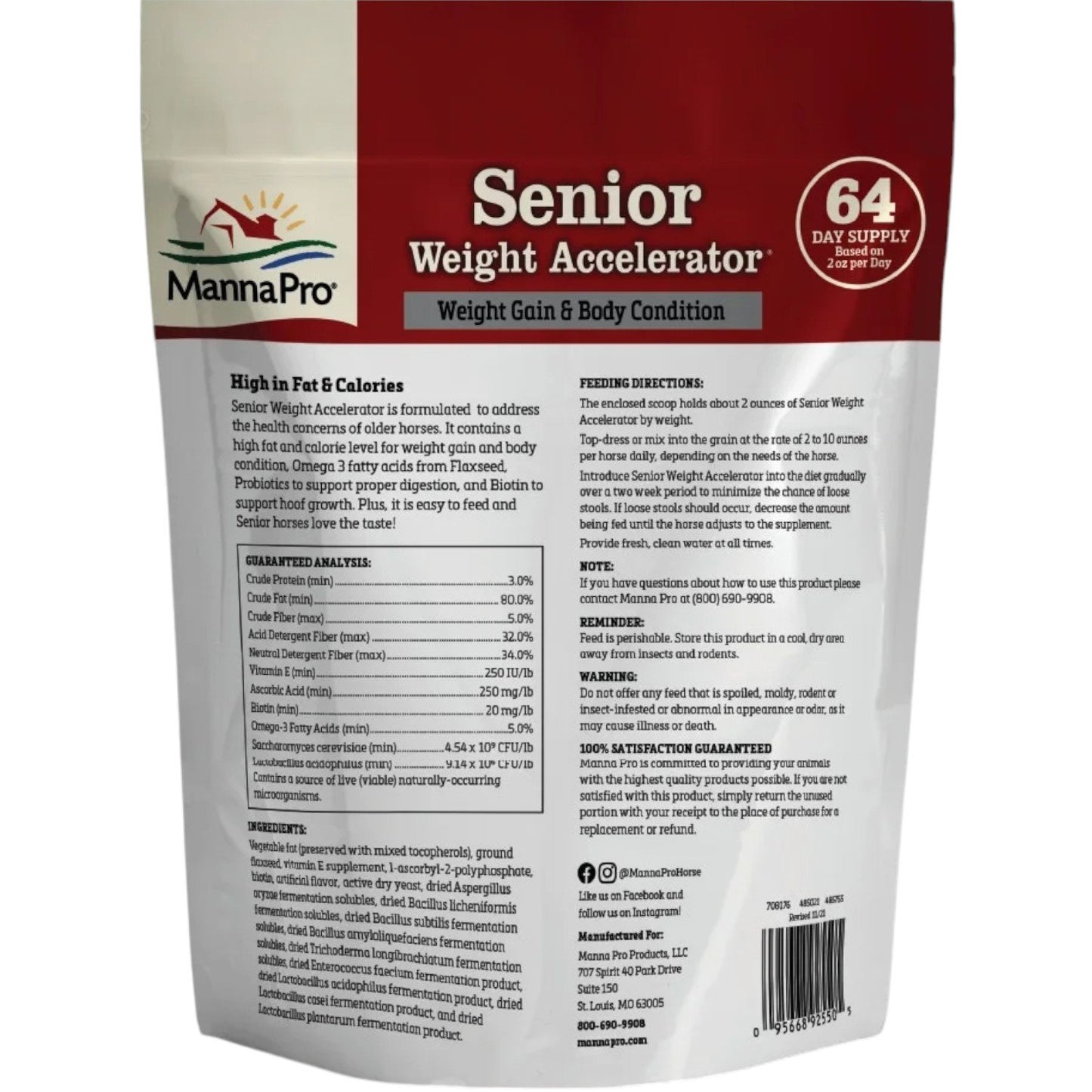 Manna Pro Weight Accelerator for Senior Horses – 8 lb, Omega-3 Fatty Acids, High-Calorie Feed Topper