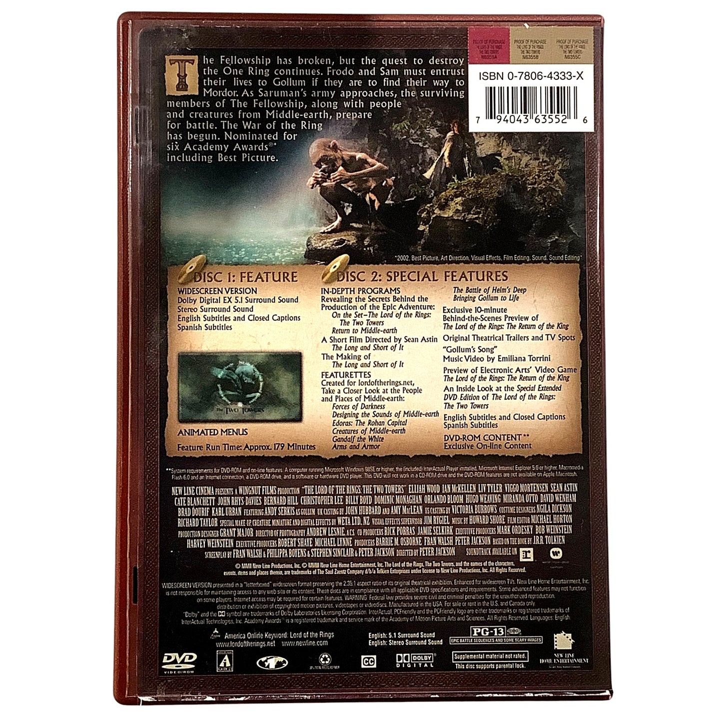 The Lord of the Rings: The Two Towers (Widescreen Edition, 2002, DVD)
